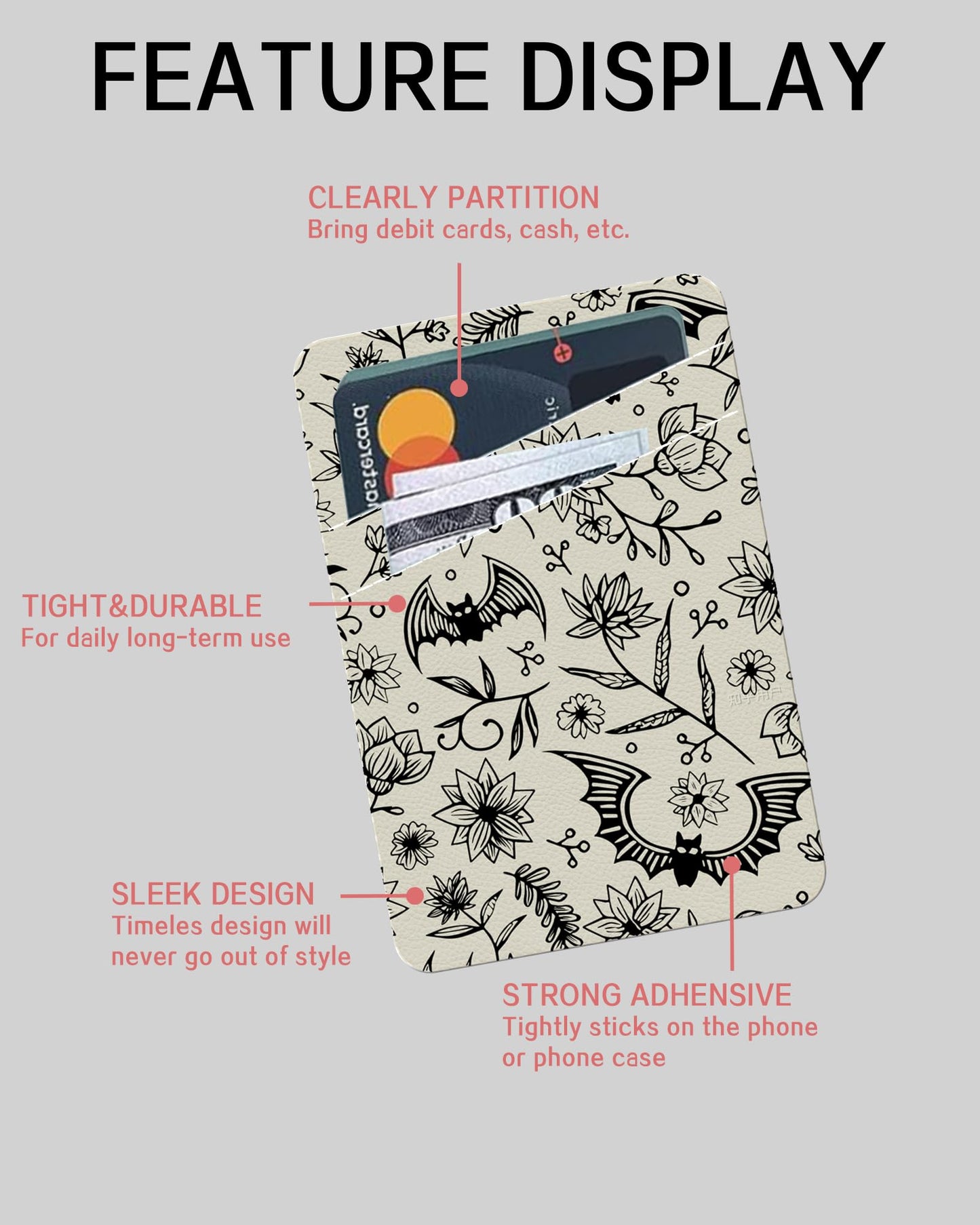 AWHSCP Phone Card Holder, Cute Leather Phone Wallet Stick On, Dual Pocket Credit Card Sticky Wallet, Compatible with Most of Cell Phone, Cute Bat