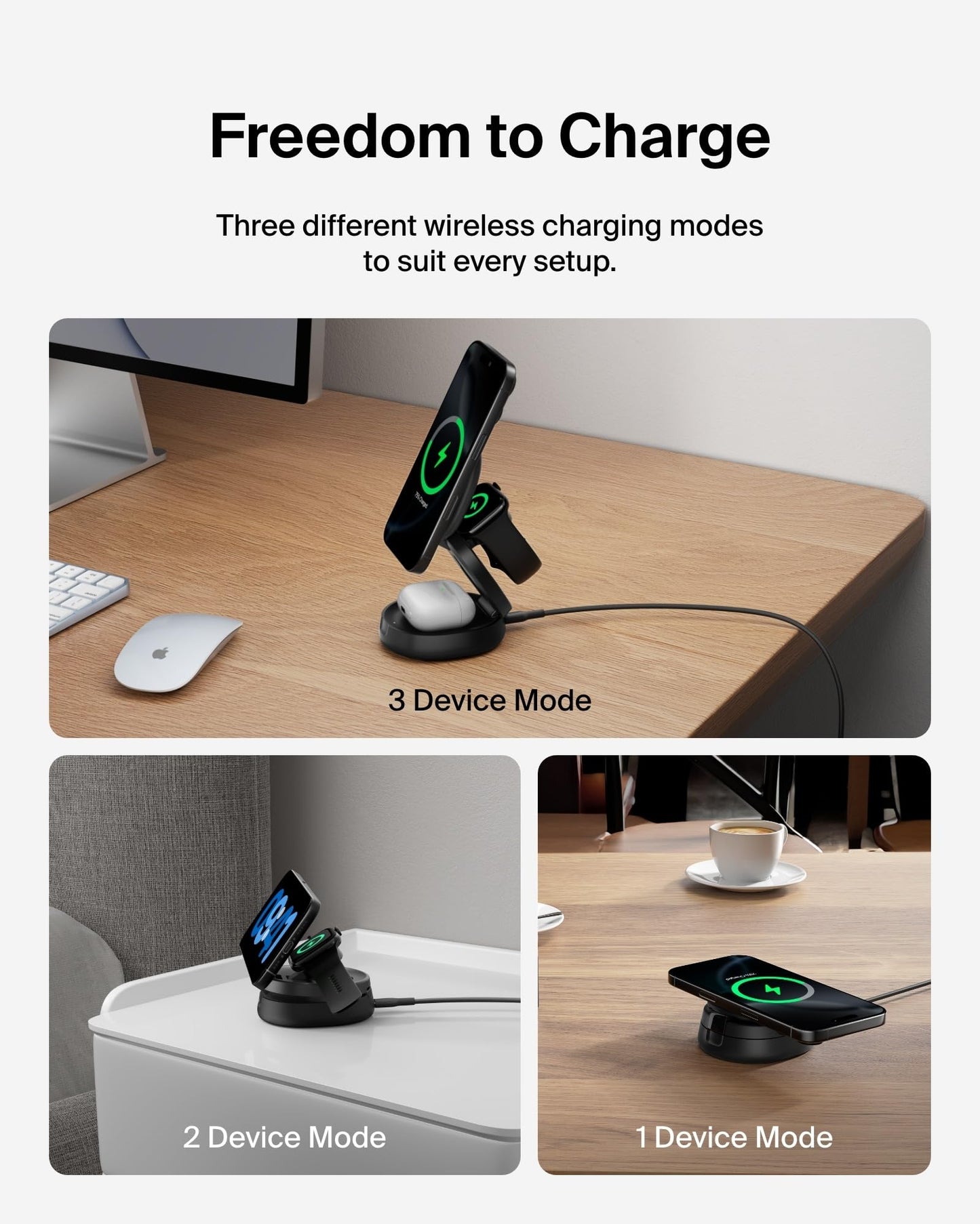 Belkin MagSafe Charger Compatible, 3-in-1 Qi2 15W Wireless Charging Station, Convertible Wireless Charger for iPhone 17, Apple Watch, AirPods, Pixel