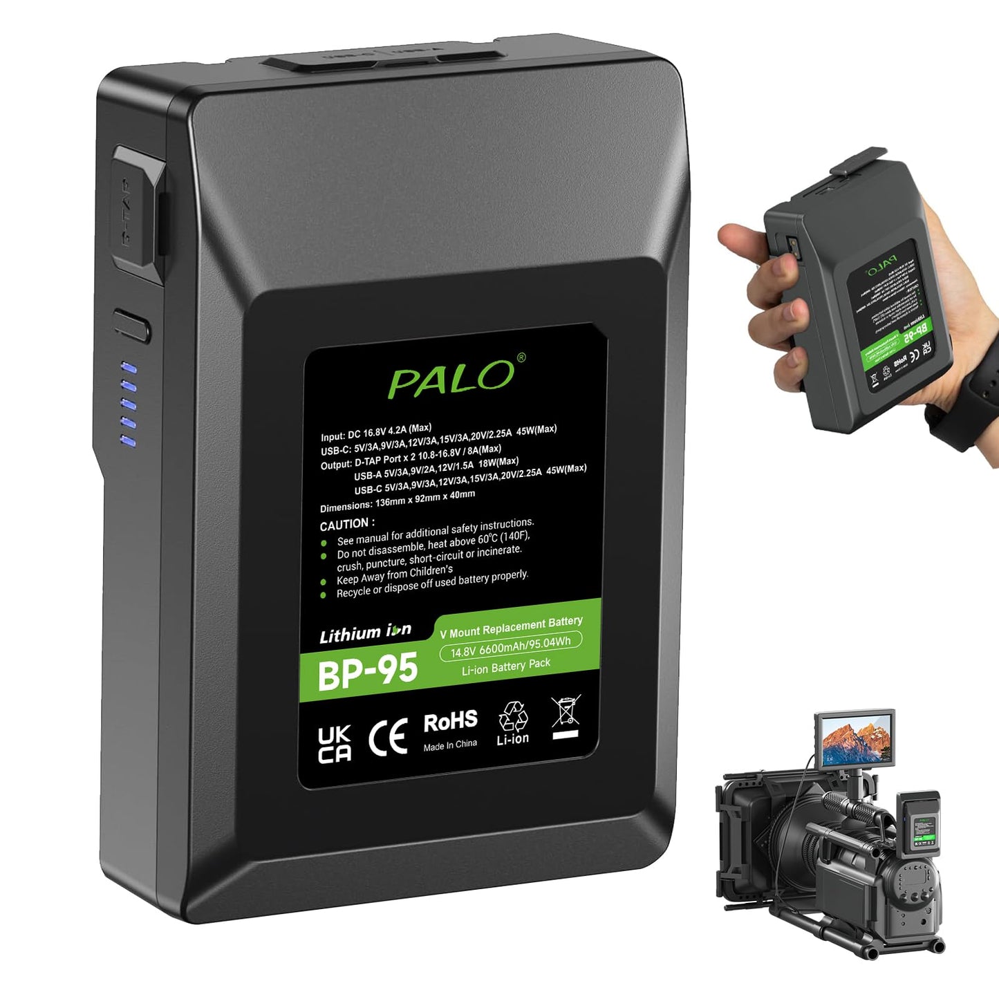 Palogreen V Mount Battery 95Wh 14.8V 6600mAh Rechargeable Battery Fasting Charging for Broadcast Video Camcorder, Compatible with Sony HDCAM, XDCAM
