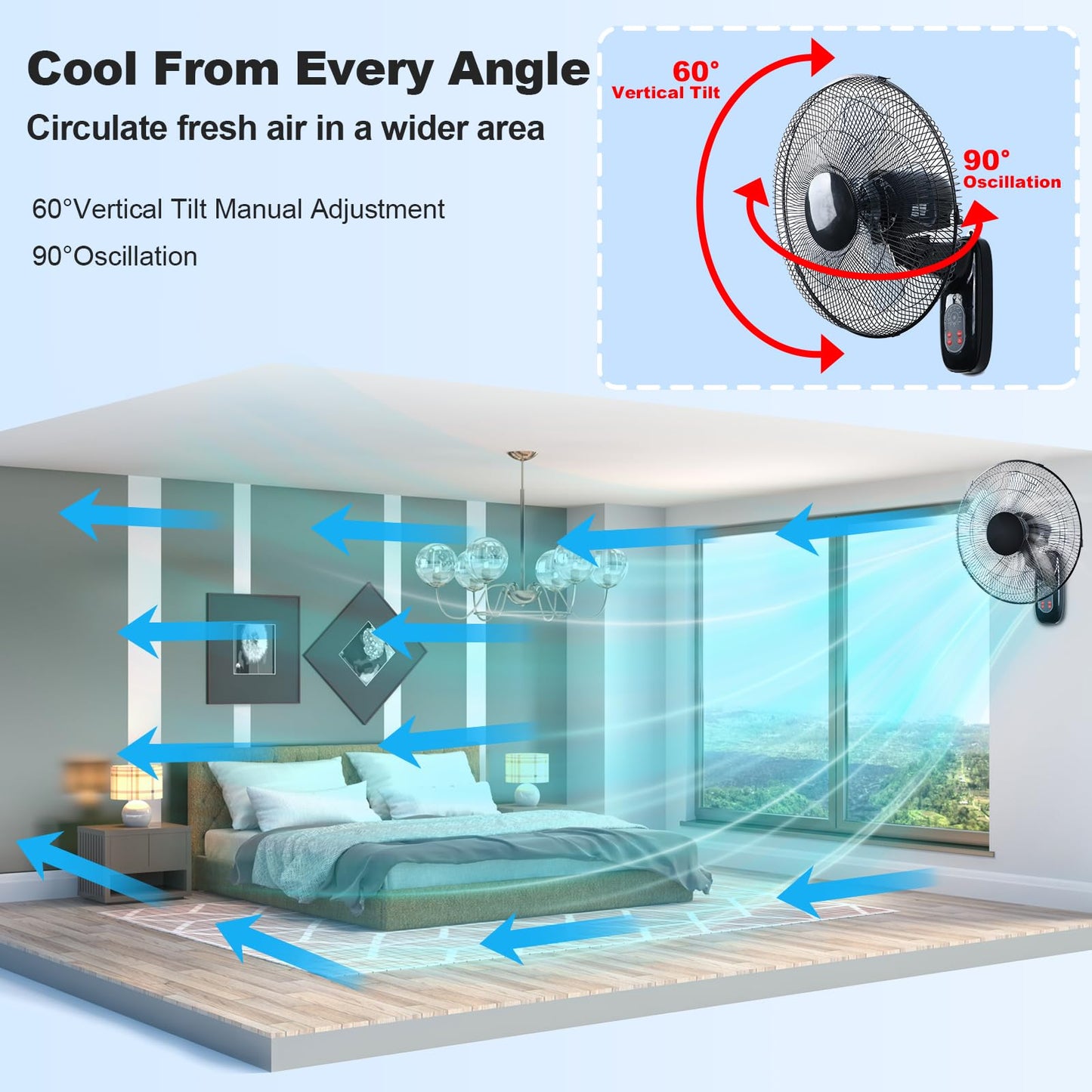Aotop 16 inch Wall Mount Fan with Remote Control - 2 Pack, 3-Speed and 3 Modes, Timer Function, Adjustable Head, Oscillating Fan for Home and Office