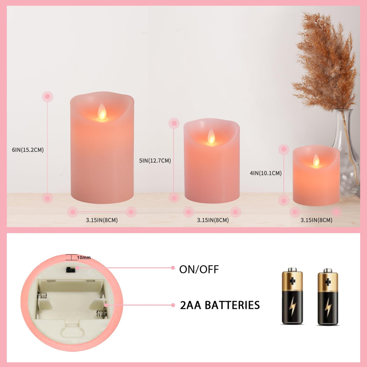 Flameless LED Battery Operated Flickering Candles: 4" 5" 6" Set of 3 Pink Real Wax Pillar Dancing Flame 10-Key Remote Control Candle Lights 300Hours