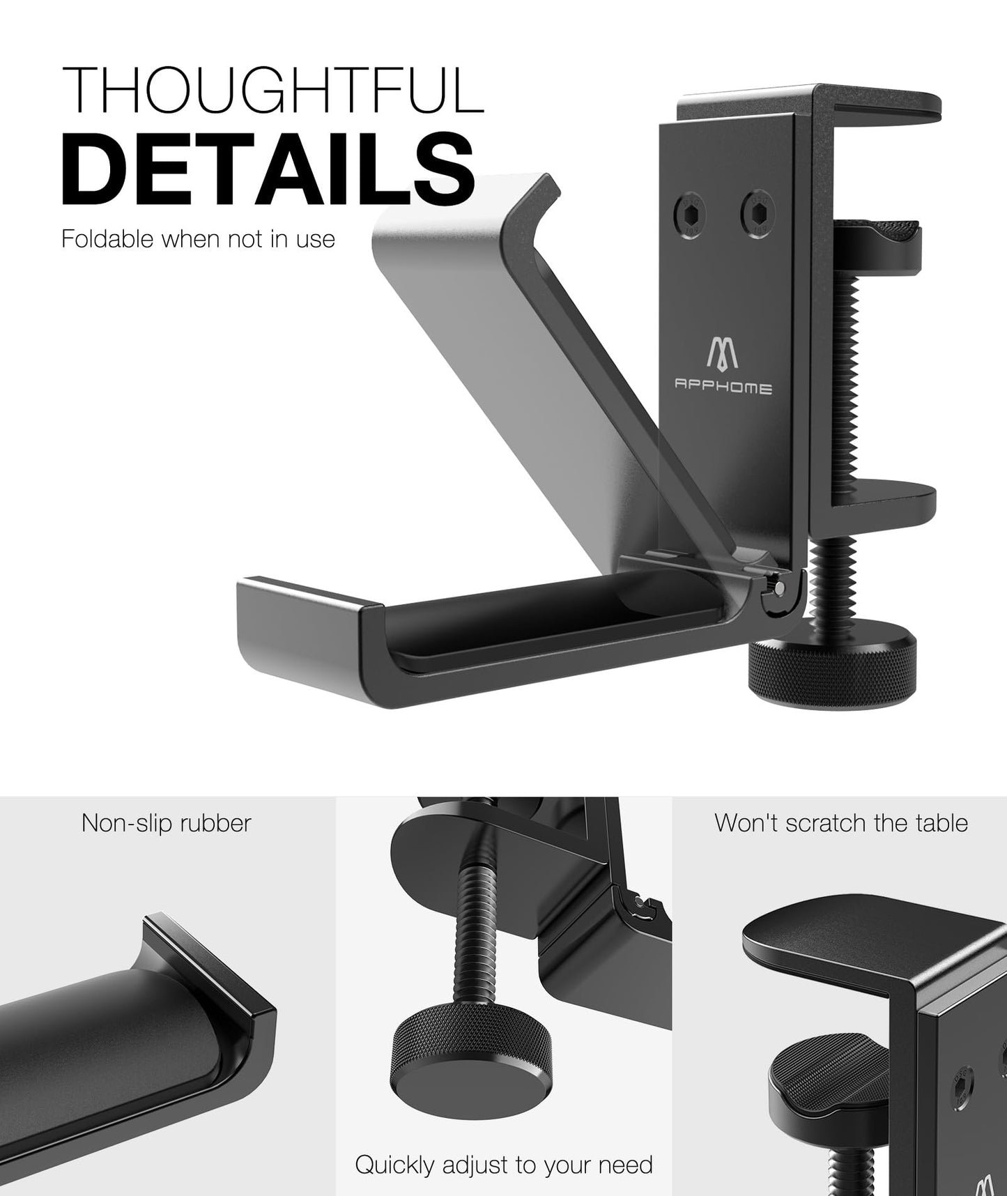 APPHOME New Foldable Headphone Stand Hanger Holder Aluminum Headset Soundbar Stand Clamp Hook Under Desk Space Save Mount, Universal Fit Gaming