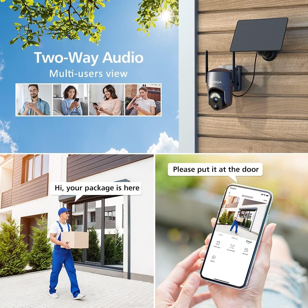 Xega 2 Pack Security Camera Wireless Outdoor 2K 360° PTZ Camera Solar Security Cameras 2.4G WiFi Video Surveillance w/Spotlight & Siren, Color Night