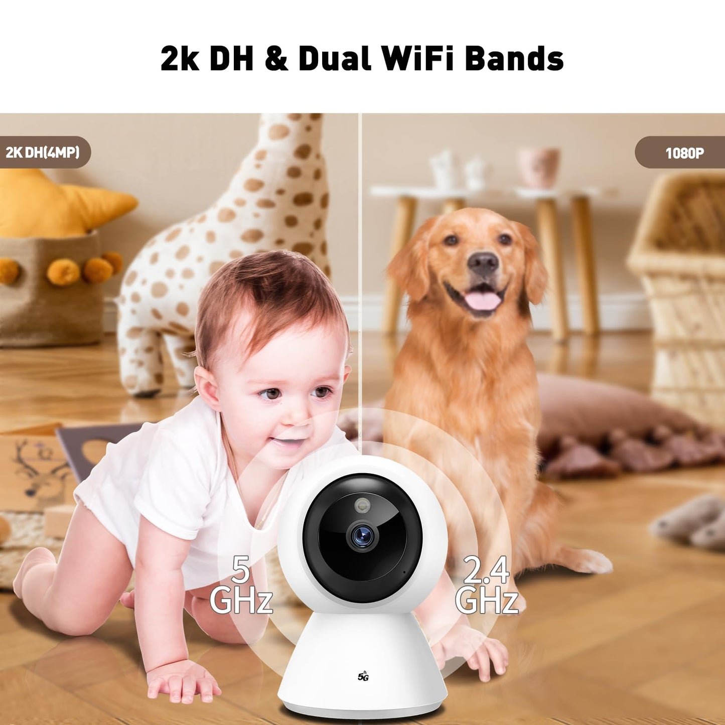 BJR Indoor Security Camera 2K HD, 360° Pan/Tilt Pet Camera with Dual-Band WiFi (5G & 2.4G), Motion Tracking, Color Night Vision, 2-Way Talk, Free 64GB