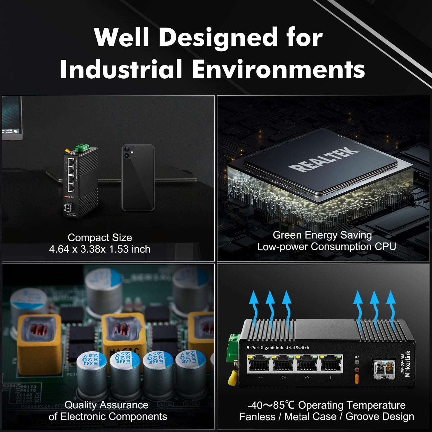 MokerLink 5 Port Industrial DIN-Rail Network Switch, 4 Gigabit Ethernet, 1 SFP, 14Gbps Switching Capacity, IP40 Rated (-40 to 185F), With UL Power
