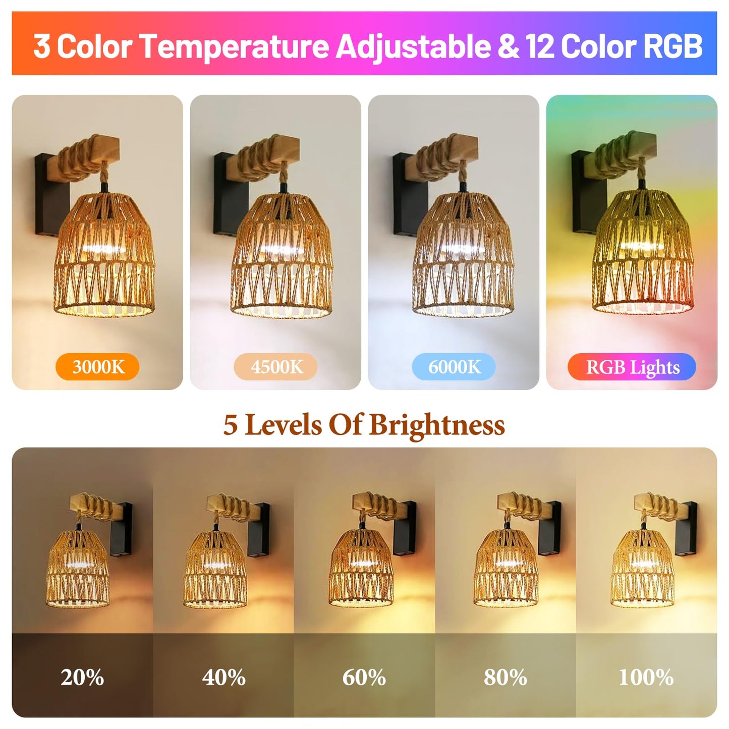 NOVCAND Boho Battery Operated Wall Sconce Set of Two, Rattan Cordless Wall Sconces with Remote,Wireless Sconces Set of 2 for Bedroom,Living
