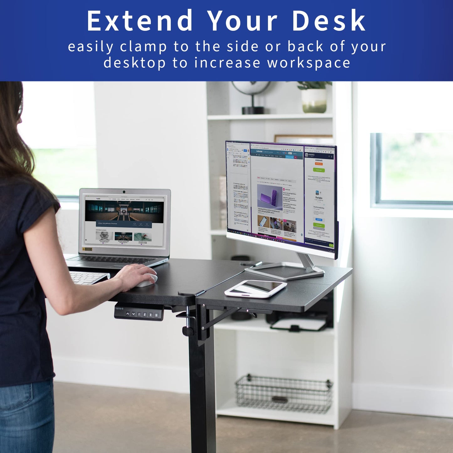 VIVO Clamp-on 24 x 12 inch (14 Including Clamps) Desk Extender, Wrist Support, Foldable Keyboard Tray, Table Mount for Sit Stand Desks, Black