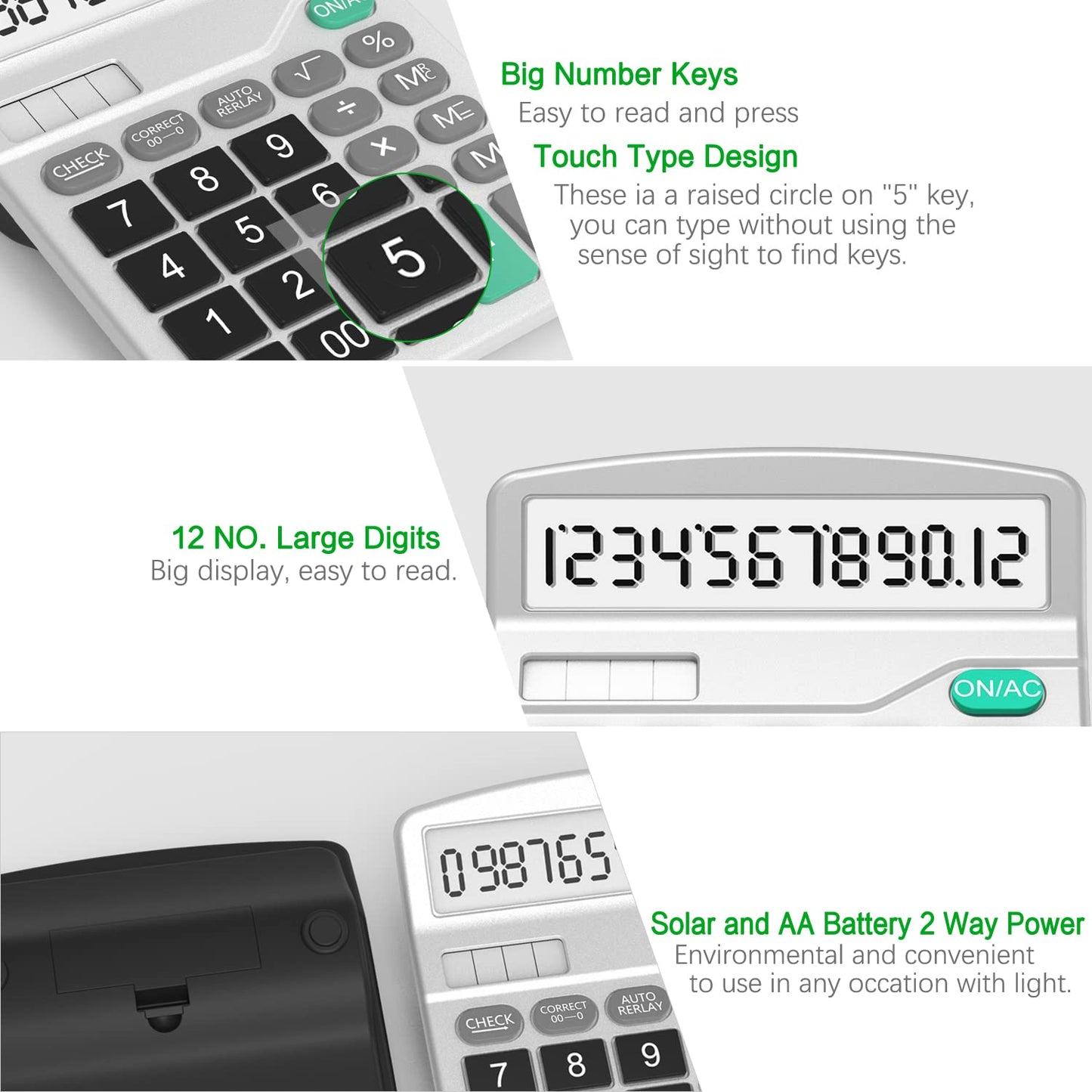Splaks 4 Pack Standard Functional Desktop Calculator - Solar and AA Battery Dual Power Electronic Calculator with 12-Digit Large Display (2 Basic