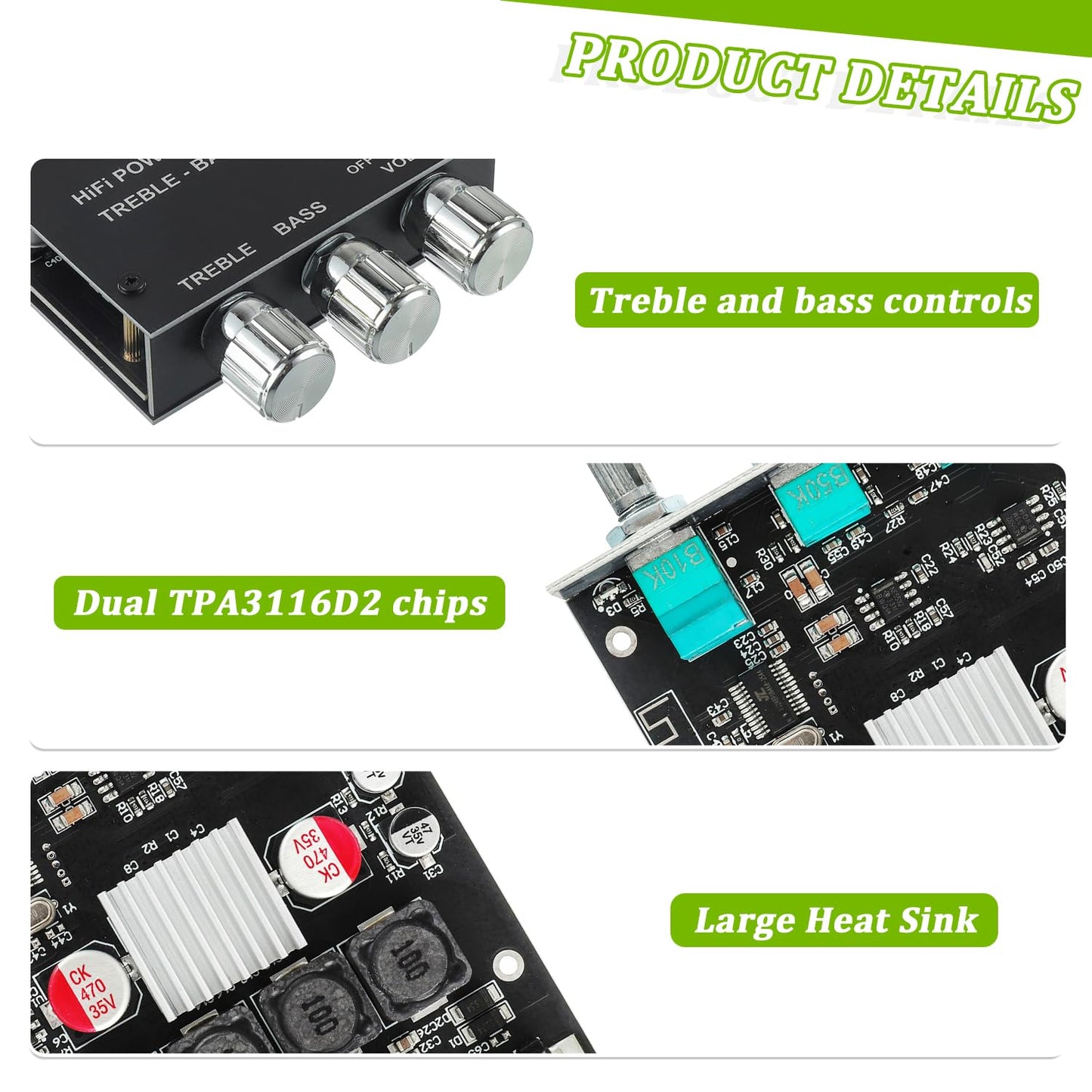 EPLZON 50W+50W Bluetooth Amplifier Board with Treble and Bass Control TPA3116D2 Chips DC 9-24V BT and AUX Inputs 2.0 Channel Stereo AMP Board for DIY