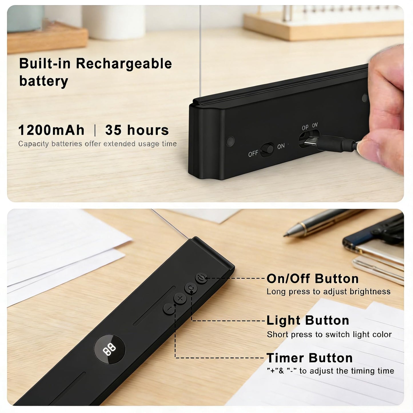 TFFUAM LED Book Light and Night Light 2 in 1, USB Rechargeable Clear Flat Book Light with 3 Colors & Timer, Dimmable Book Lights for Reading at Night