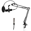 Pyle Suspension Boom Mic Stand with Shock Mount - Adjustable Desktop Mic Stand Boom Arm with Clamp, XLR Cable, Mic Clips - Heavy-Duty Microphone Stand