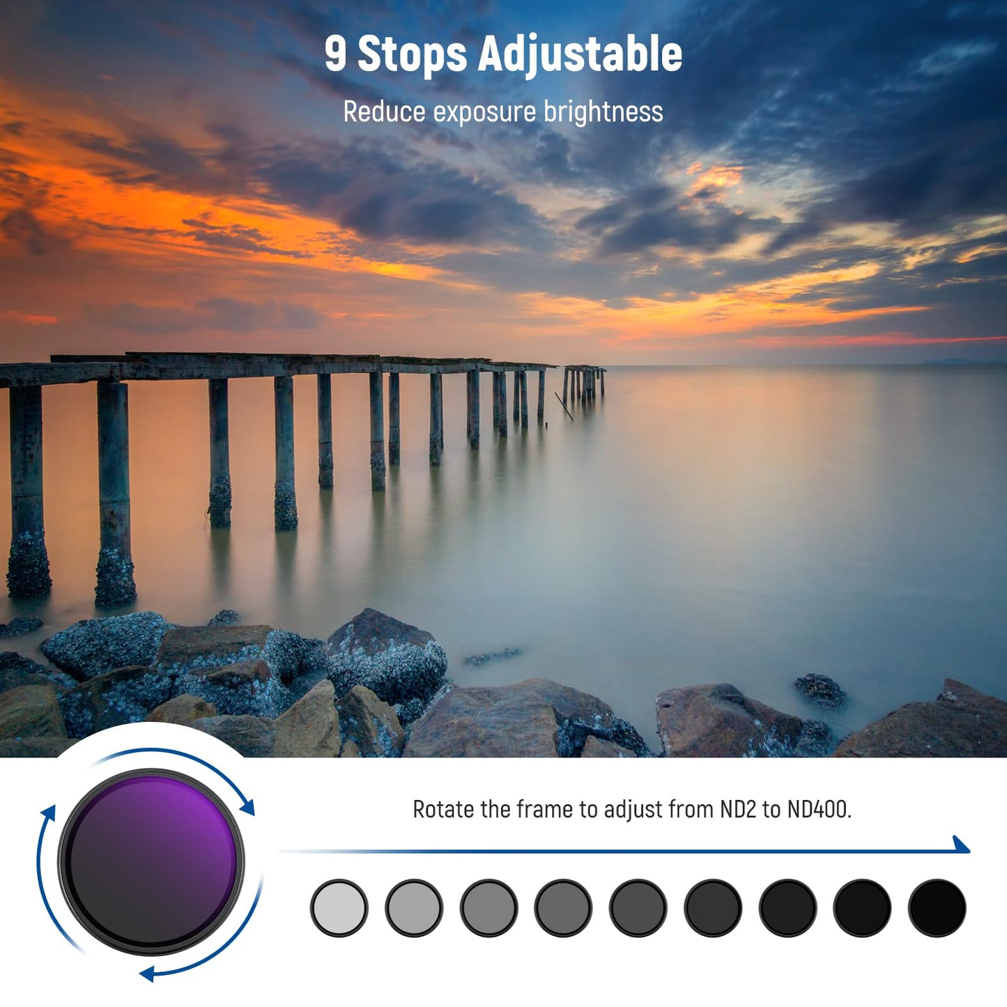 NEEWER 72mm ND2-400 (1-9 Stops) Variable ND Filter with Lens Cap, Lanyard, Cleaning Cloth, Precise Neutral Density Adjustment, Fingerprint & Scratch