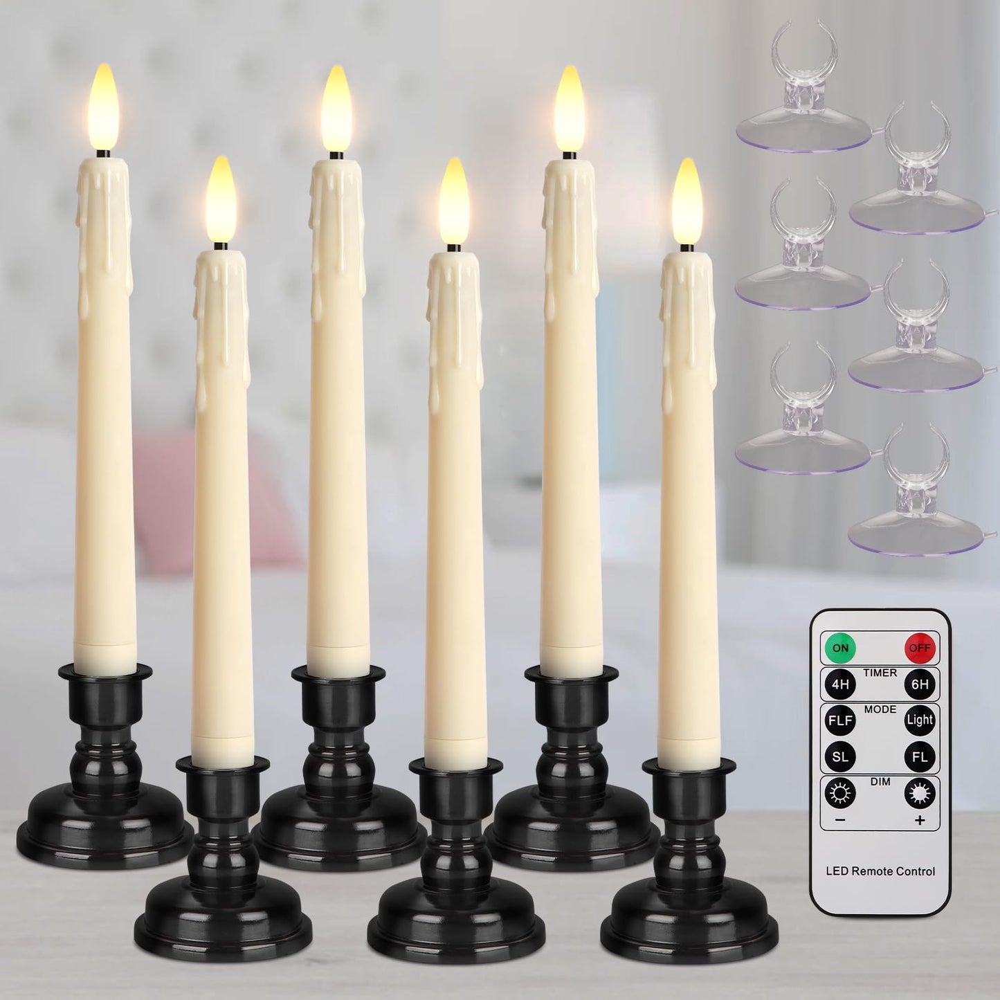 yunsheng Battery Operated LED Window Candles with Remote Timer, 8 Inches Ivory Flameless Taper Flickering Candles, Removable Black Candlesticks
