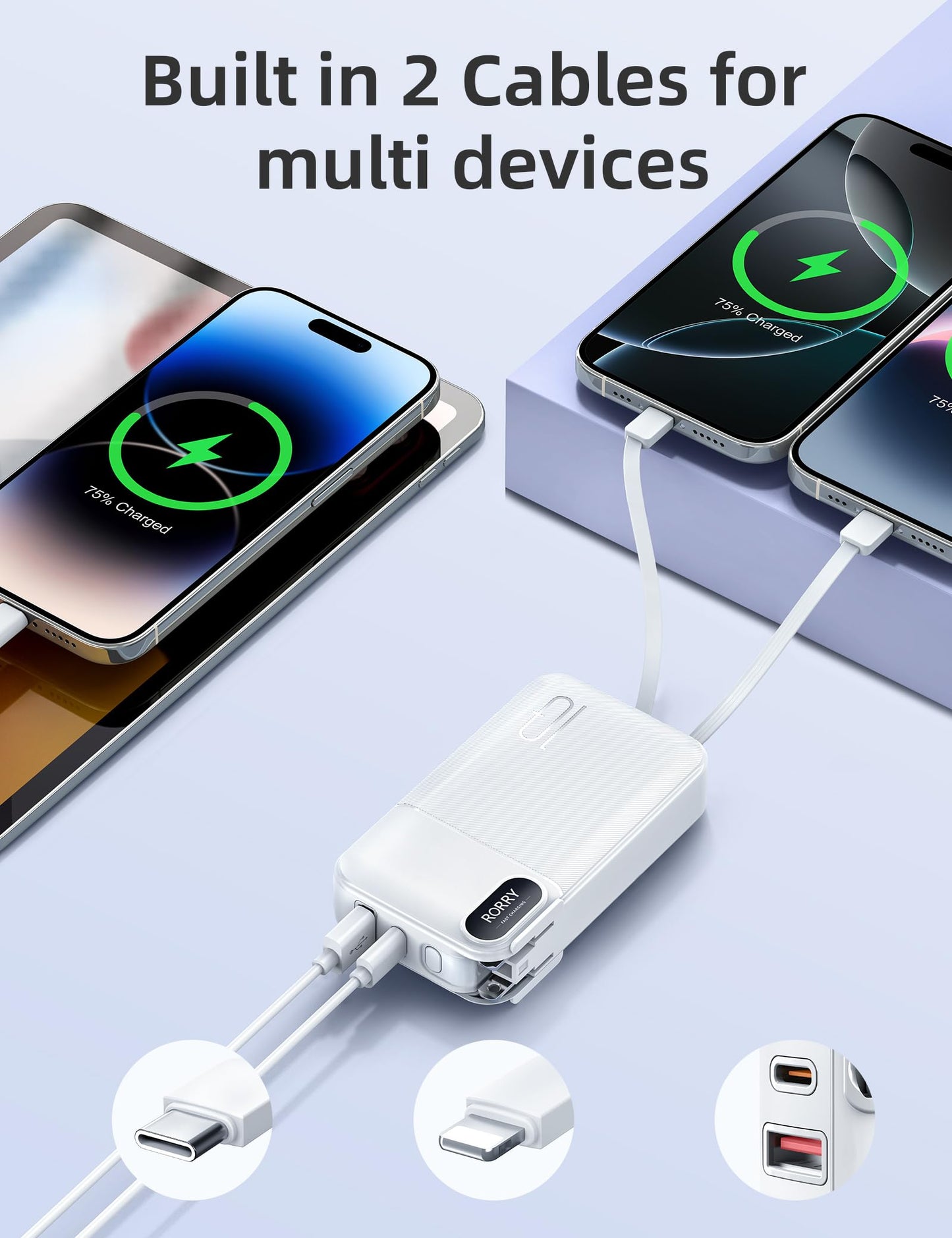 RORRY Portable Charger Built in Cables, AC Wall Plug In Portable Charger Power Bank 10000mAh Travel Battery Pack 22.5W Fast Charging for iPhone
