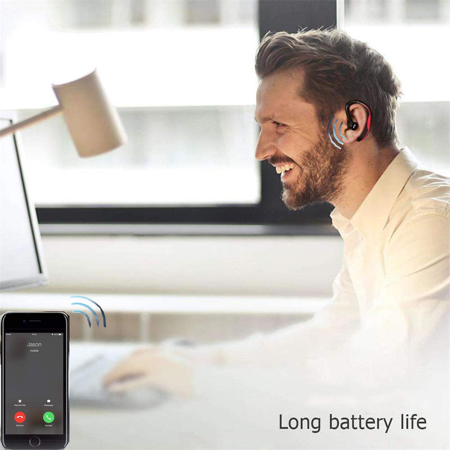 Wireless Earpiece Wireless Headset Handsfree Call Earpiece Noise Cancellation Earbud Long Talk Time Earphone Compatible with Smart Cell Phones Car