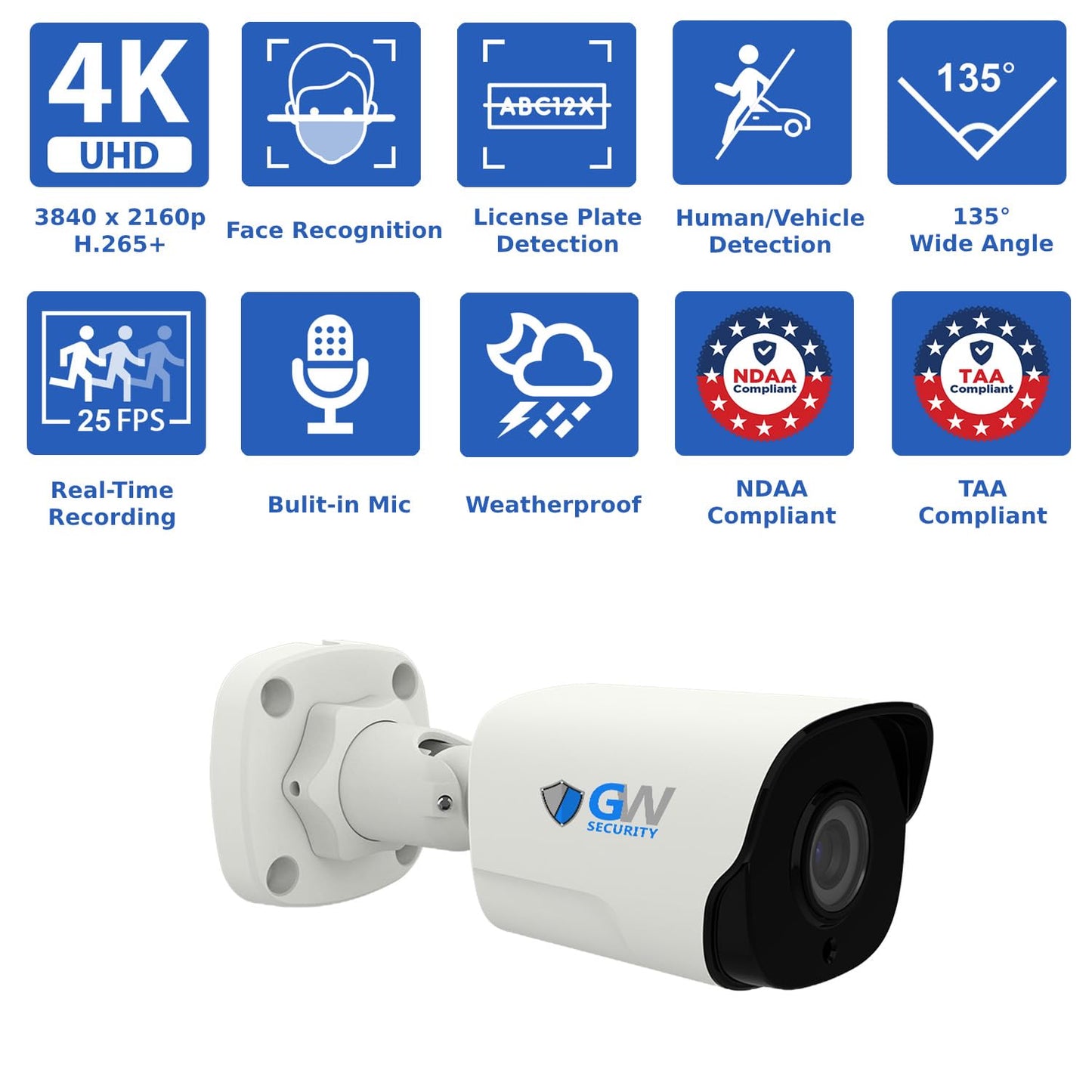 GW Security 16 Channel 12MP NVR UltraHD 4K Face Recognition NDAA & TAA Compliant Security Camera System with 8 x 8MP Outdoor & Indoor PoE Bullet