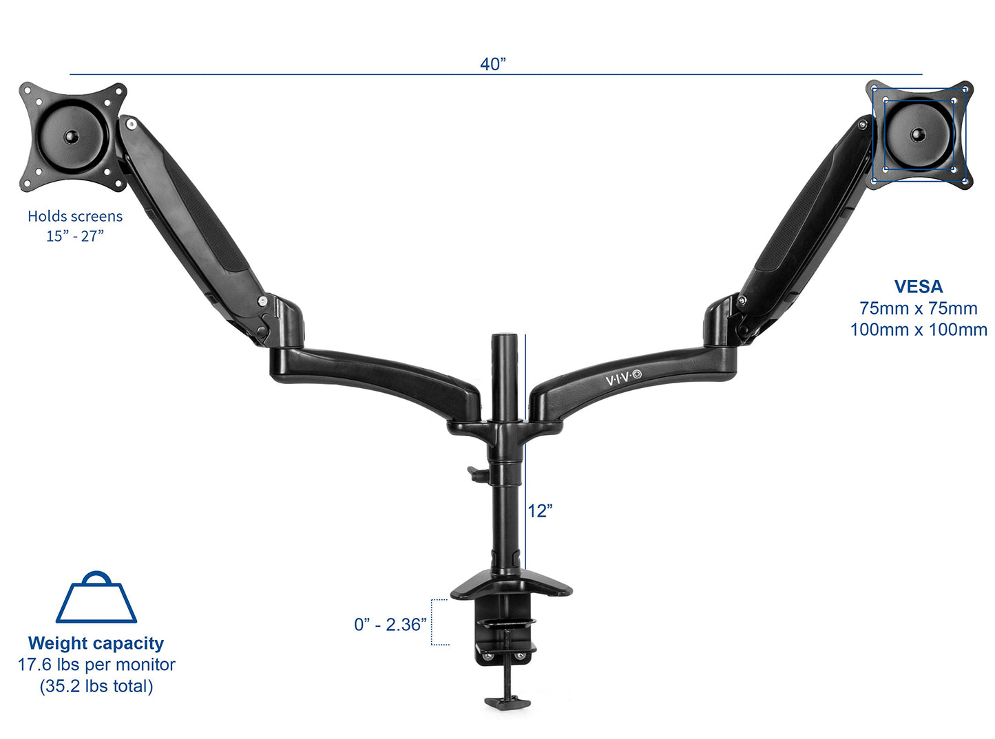 VIVO Premium Black Dual Monitor Pneumatic Counterbalance Height Adjustable Arm, Desk Mount Stand, Holds 2 LCD Screens up to 27 inches STAND-V002JB