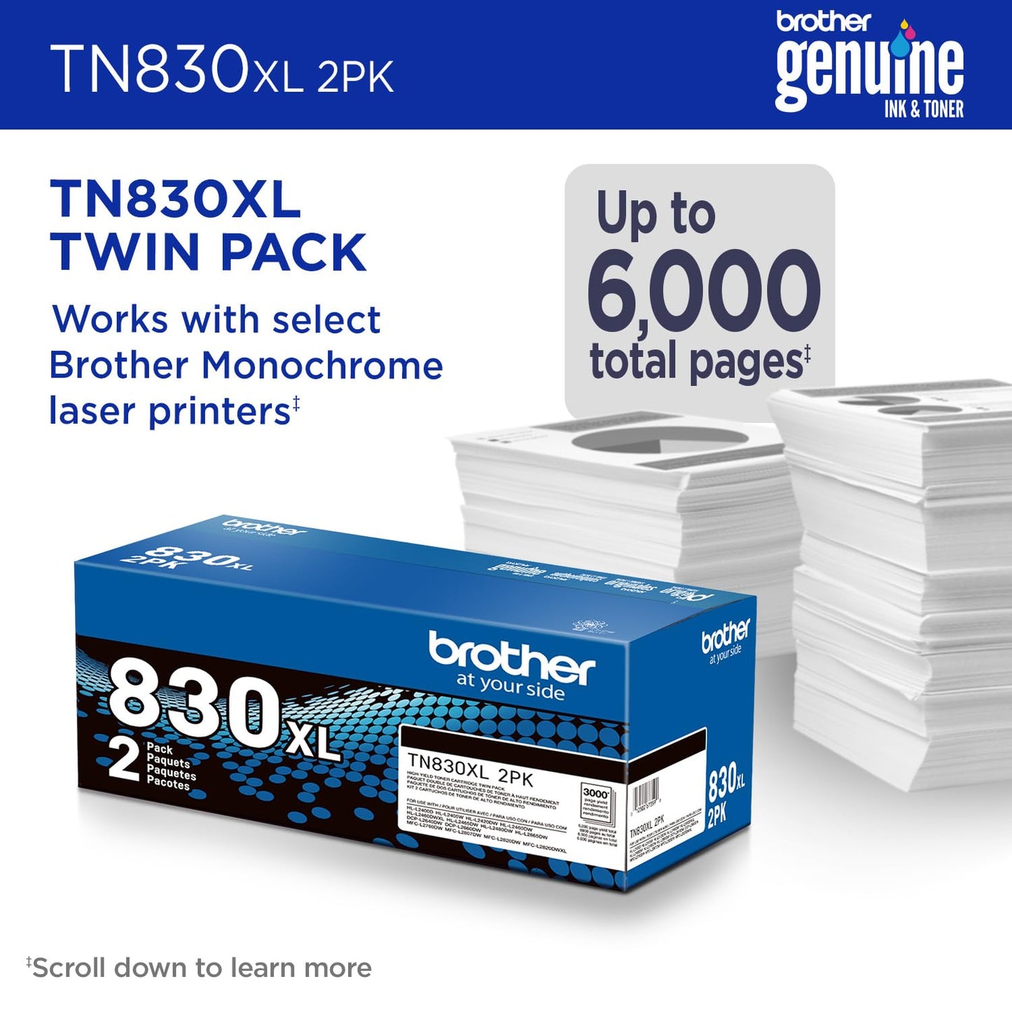 Brother Genuine TN830XL 2PK Black High Yield Printer Toner Cartridge 2-Pack - Print up to 3,000 Pages Each(1)