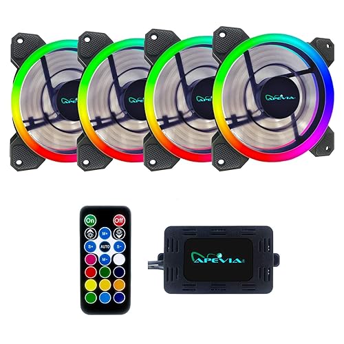 Apevia ST4-RGB Spectra 120mm Silent Dual Ring RGB Color Changing LED Fan for Gaming with Remote Control, 16x LEDs & 8X Anti-Vibration Rubber Pads
