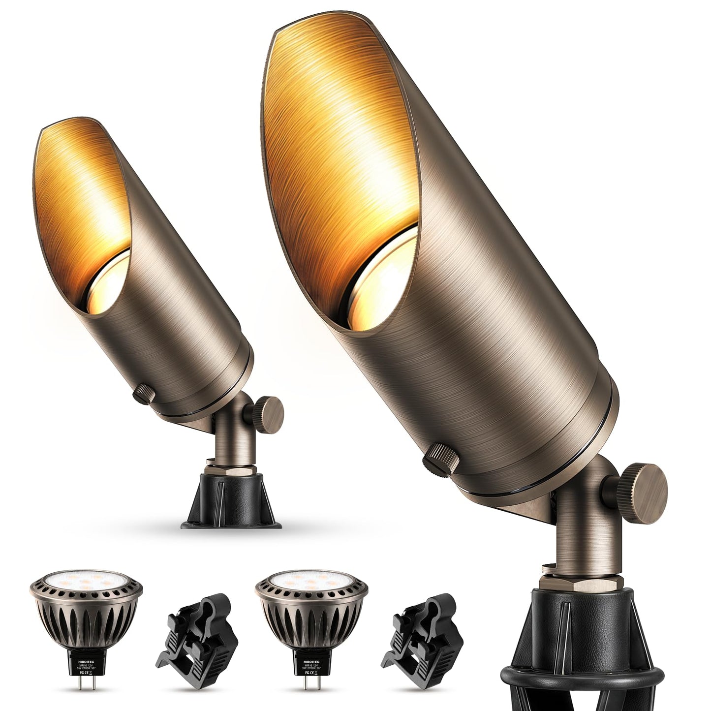 HIBOITEC Solid Brass Outdoor Landscape Spotlights, 12V Heavy Duty Low Voltage Landscape Lighting, LED Spot Light Fixture Waterproof, Classic Bronze
