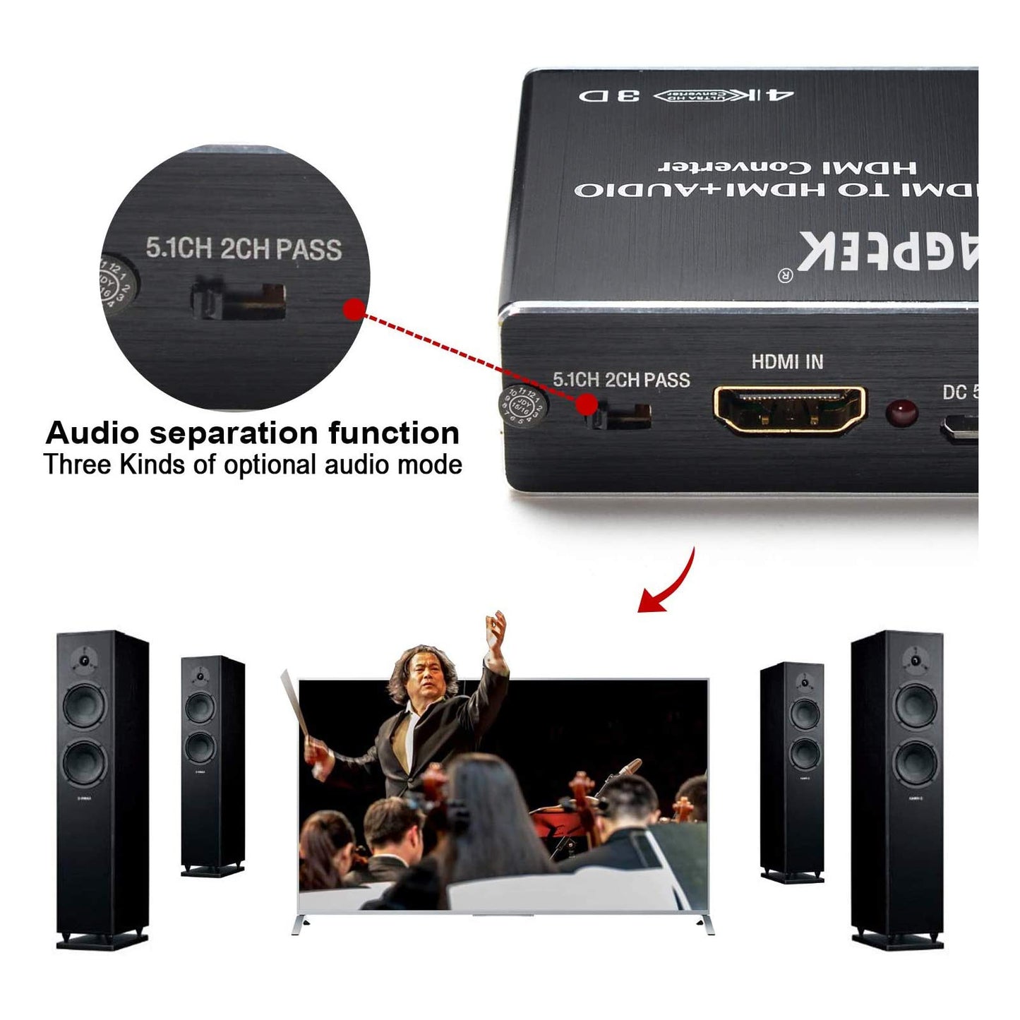 4K x 2K HDMI Audio Extractor Splitter, HDMI Audio Converter Adapter Support Ultra HD 4K Toslink Optical Audio Output and 3.5mm with Optical Fiber