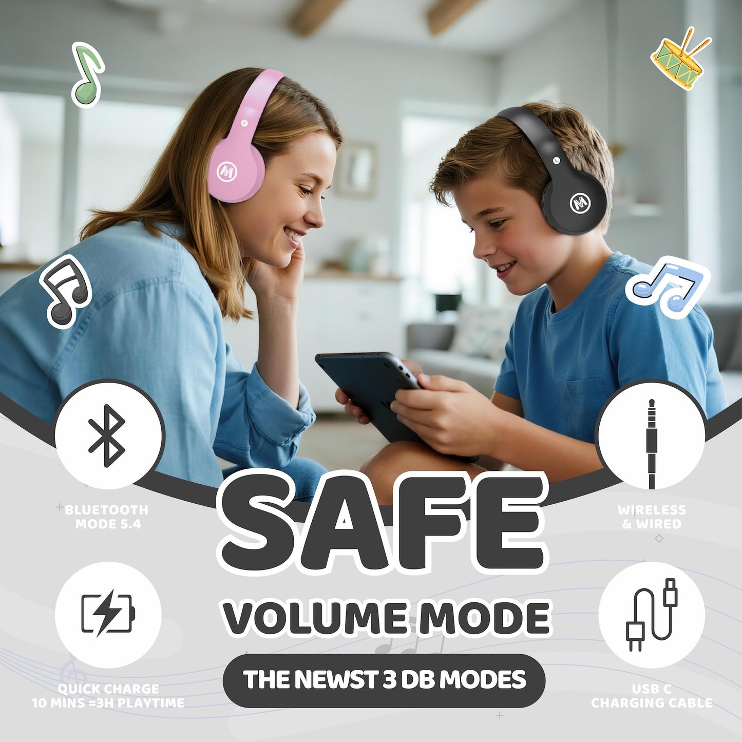 Mokata Headphones Kids Bluetooth 5.4 Wireless Play Time 68H Safe Volume Limit 85/94dB Over-Ear Foldable Headset,Fast Charging,with Aux Cord Built-in…