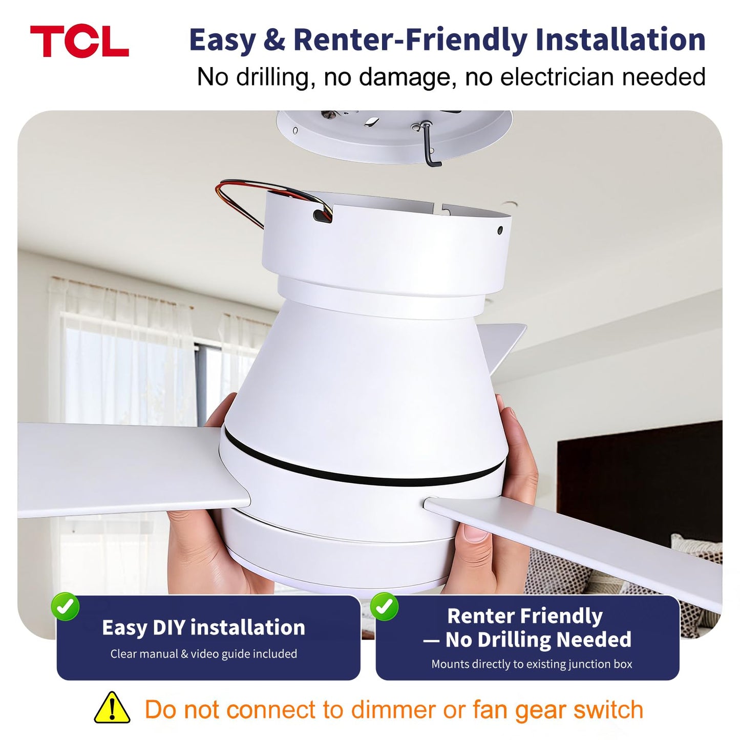 TCL 42 Inch Low Profile Ceiling Fan with Light & Remote for Bedroom, White