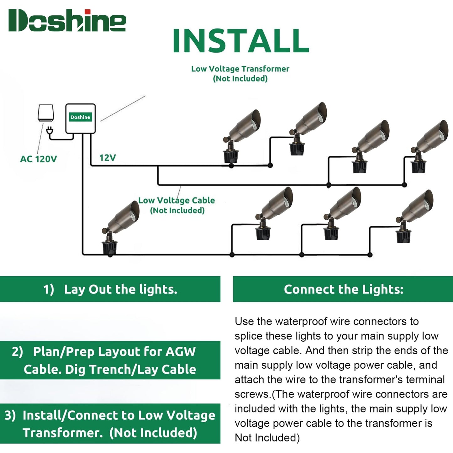DOSHINE® Solid Brass Landscape LED Spotlights Outdoor Low Voltage Landscape Lighting AC/DC 12V Uplight Accent Light for Tree Garden Yard