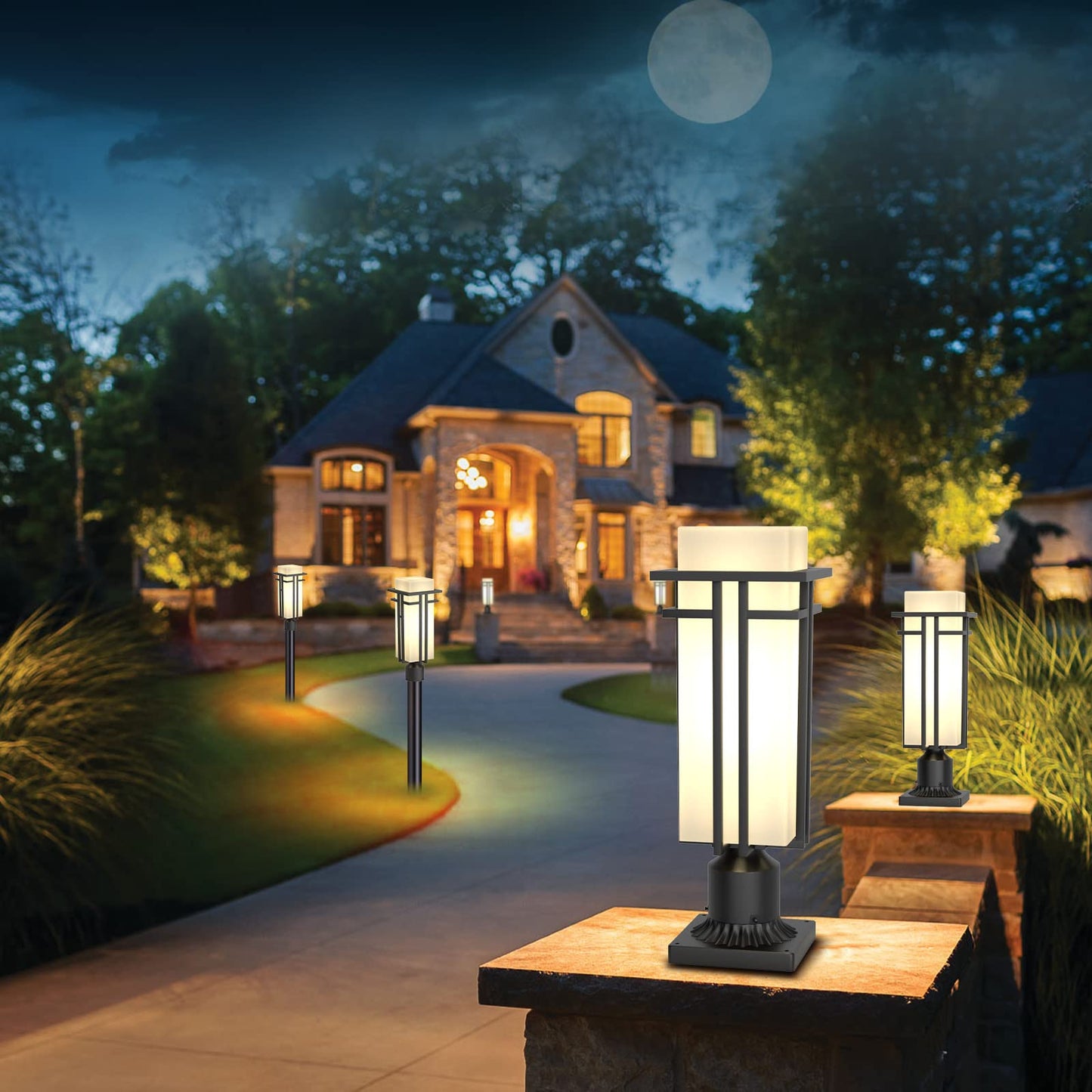 Yoenecea Outdoor Post Light Fixture - Aluminum Lamp Posts Outdoor Lighting, Outdoor Lightpost Lantern with 3-Inch Pier Mount Base Outside Pole