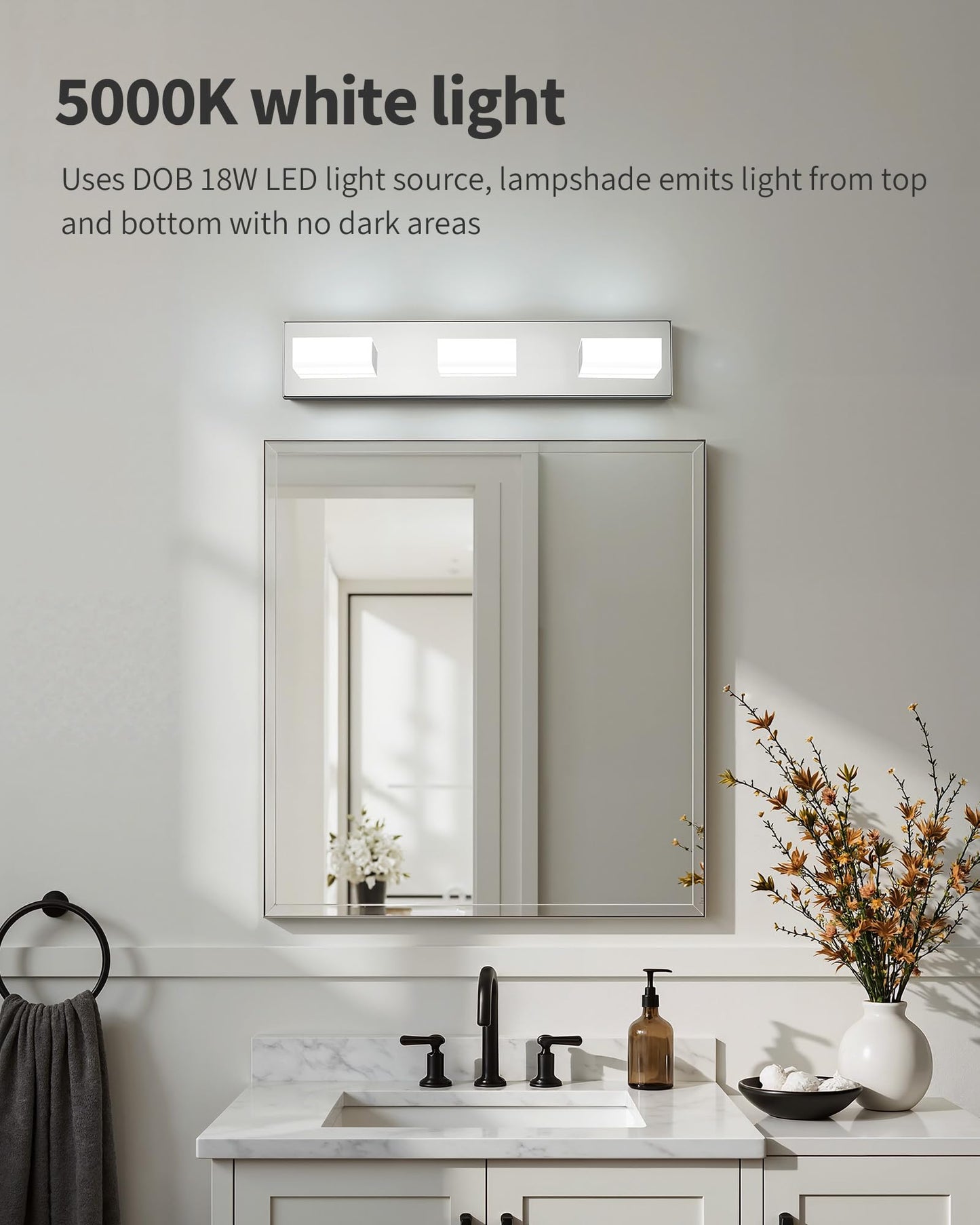 KDG LED Modern Bathroom Vanity Light Fixtures, 3 Lights Stainless Steels Silver 5000K Wall Lighting Over Mirror, Lights for Dressing Room, Bedroom