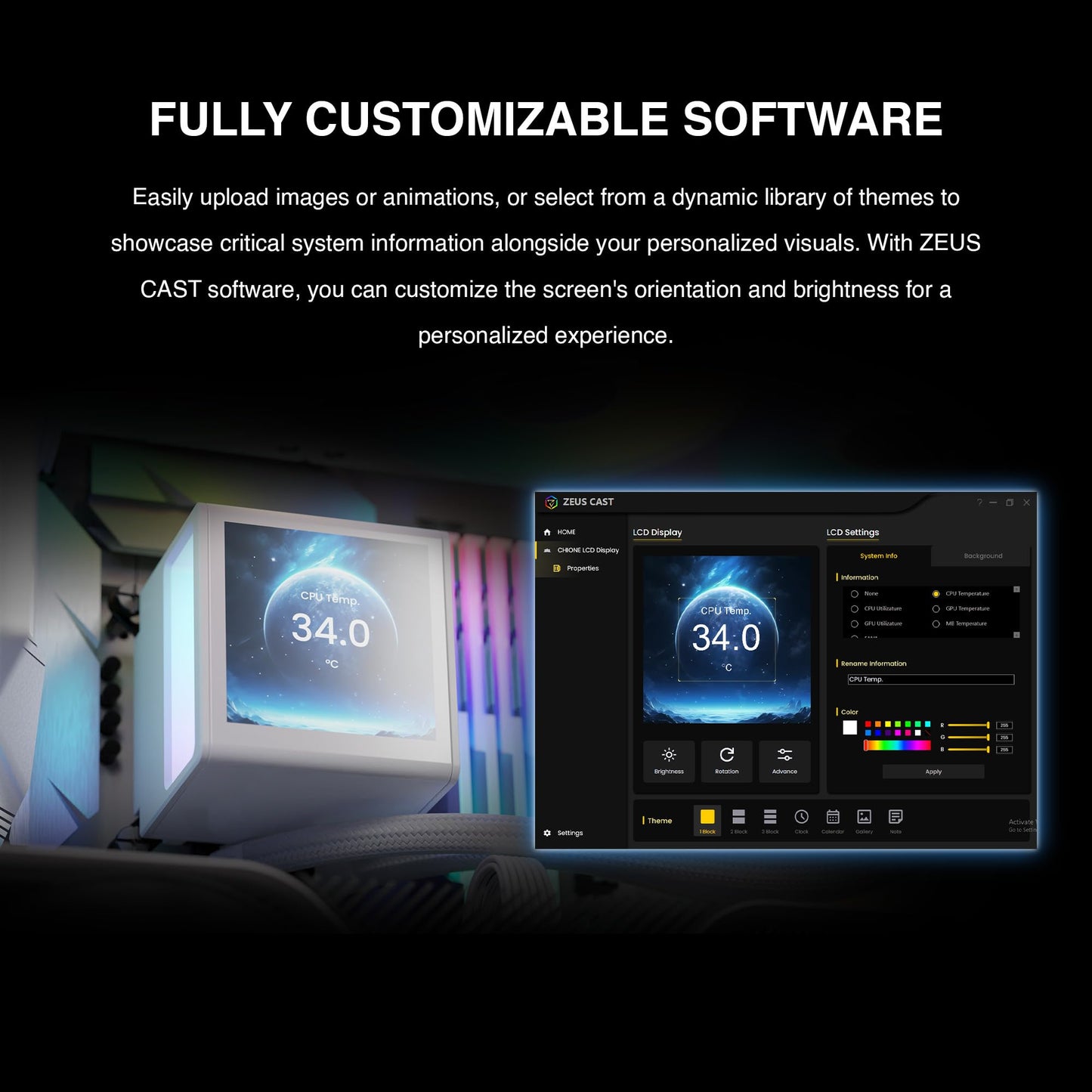 GAMDIAS CHIONE P5-360 Liquid CPU Cooler, 360mm AIO w/Customizable 3.4'' IPS LCD, Rotatable Magnetic Pump, Hidden Cable Fan (Daisy-Chained), Support