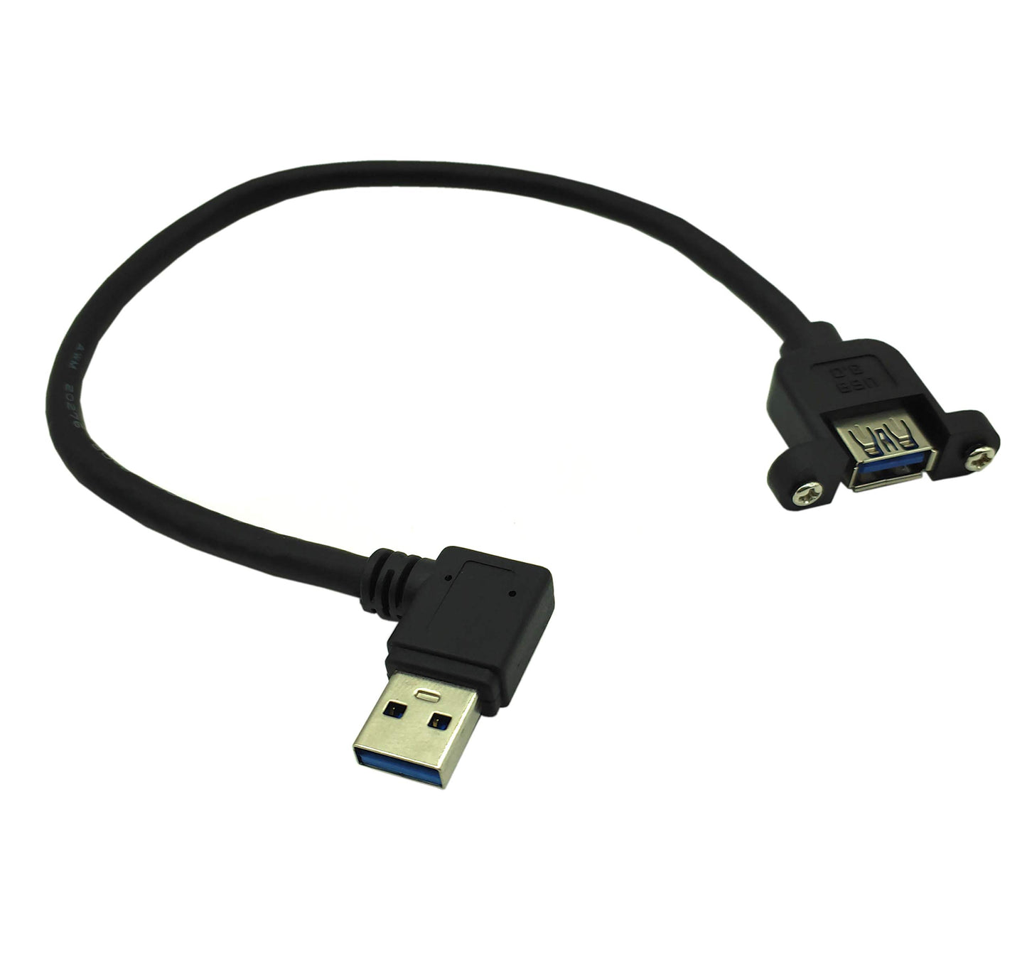 Panel- Mount USB 3.0 Extension Cable, Haokiang 1 ft/30cm 90 Degree Right Angle USB 3.0 Type A Male to Type A Female with Screw Hole Panel Mount