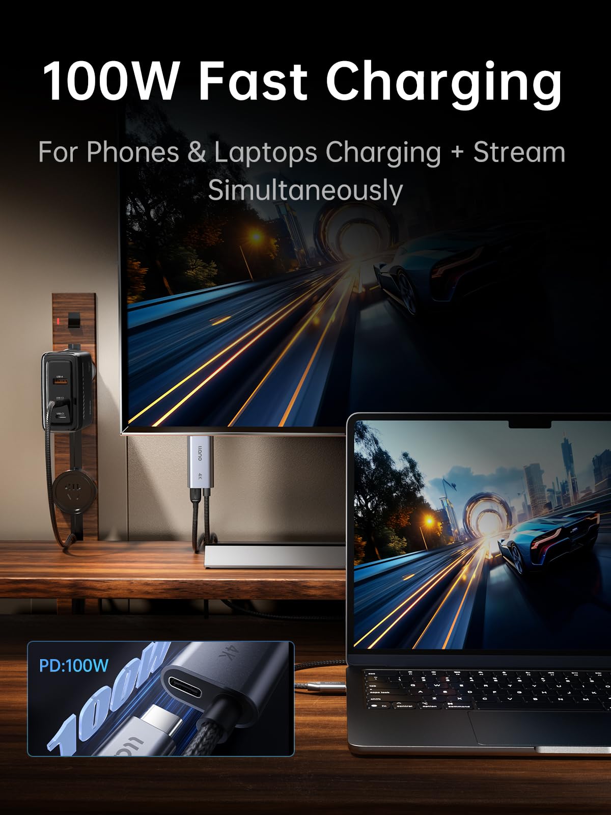 llano USB C to HDMI Cable with 100W PD Charging, 4K@60Hz 2-in-1 Unidirectional Adapter Thunderbolt 5/4/3 Compatible, for MacBook, iPhone 17 Pro Max