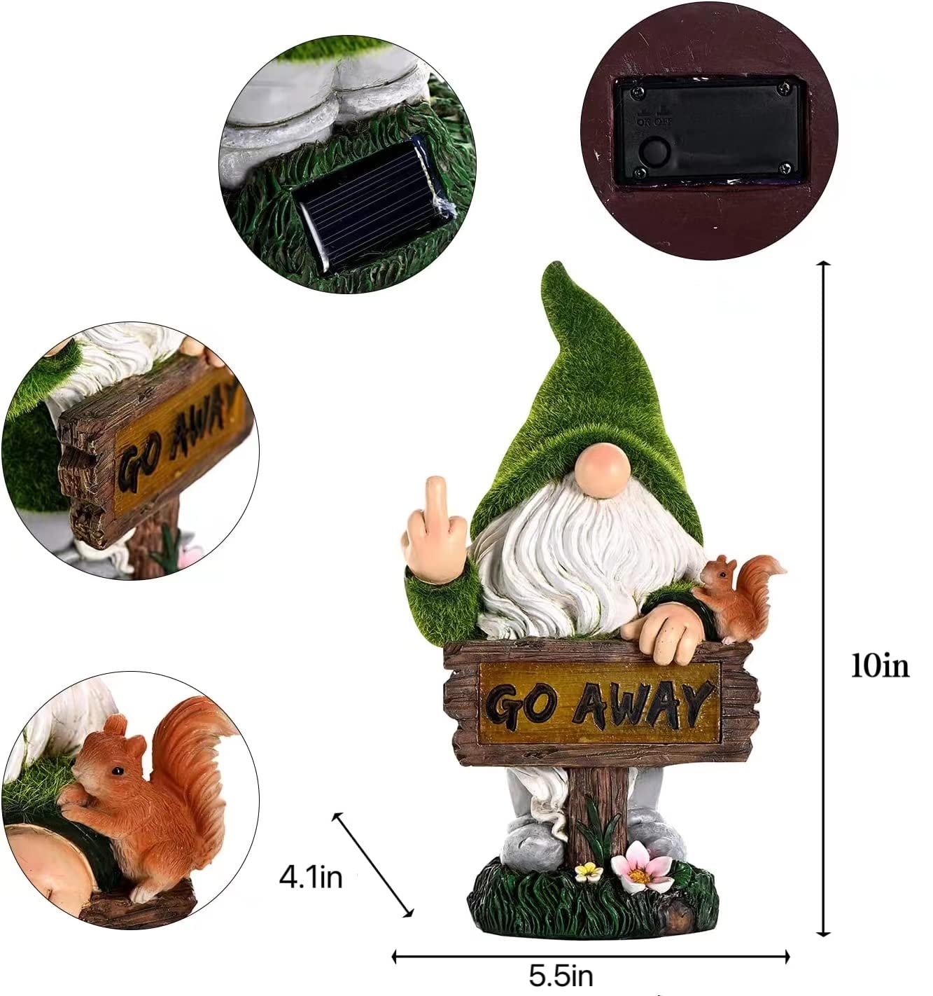 ASAWASA Gnomes Decorations for Yard with Solar LED Light,Large Outdoor Funny Garden Lawn Gnome Decor(Tall 10 Inches)