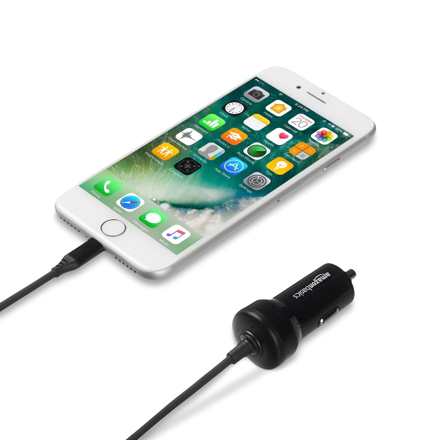 Amazon Basics 12W (5V, 2.4A) Fast Car Charger with Coiled Lightning Cable, MFi Certified for iPhone, iPad and Apple Devices, 1.5 ft, Black