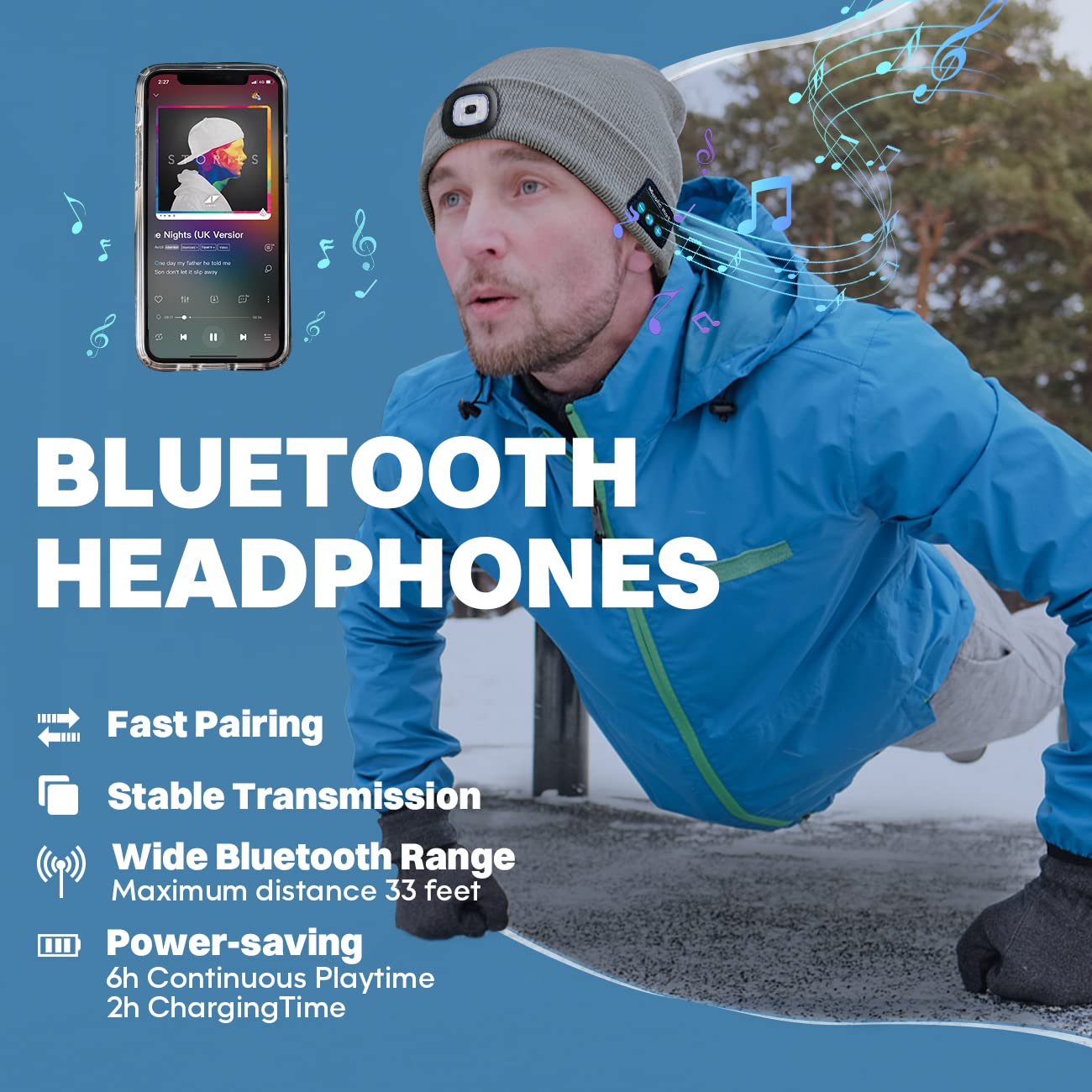 Bosttor Bluetooth Beanie Hat with Light, Headlamp Cap with Headphones and Built-in Speaker Mic, Gifts for Men Women Teen Orange