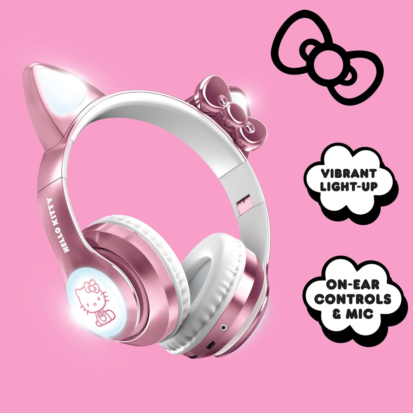 Hello Kitty Wireless Light Up Headphones - Foldable Design, Built-in Microphone, Multicolored Lights, Bluetooth 5.3, Long Battery Life, and Superior
