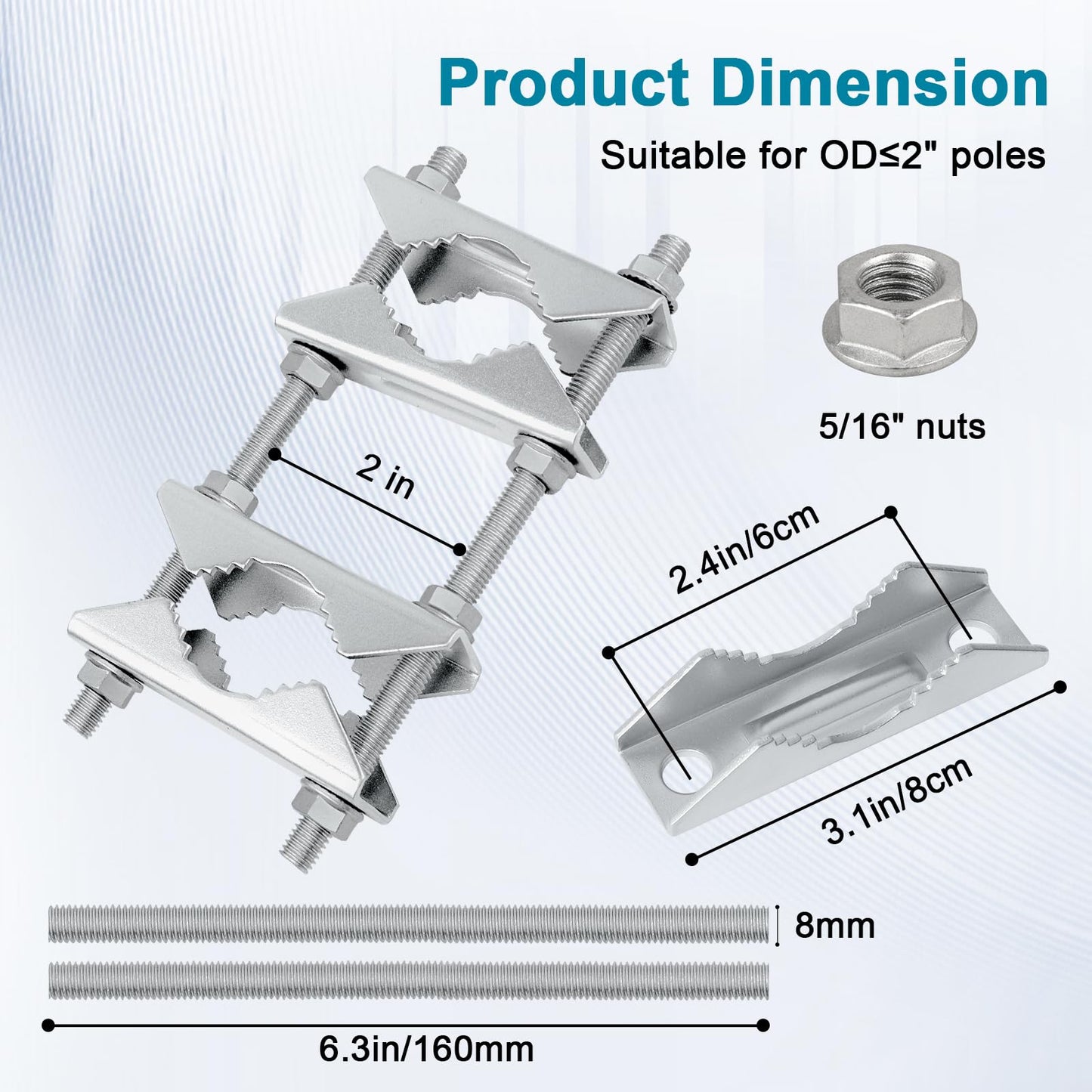 2 Pack Antenna Mounting Kits 2 inch Pole to Pole Clamp Heavy Duty Mast to Mast Bracket with V Jaw Block for TV CB Ham Antenna, Weather Station, Pipes