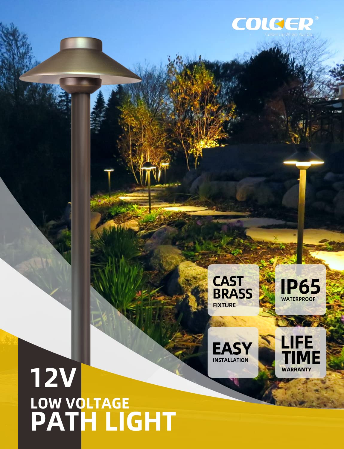 COLOER Brass Low Voltage Pathway Lights Wired 4-Pack with 3W LED G4 Bulb,12V Waterproof China Hat Outdoor Path Lighting for Yard, Patio, Landscape