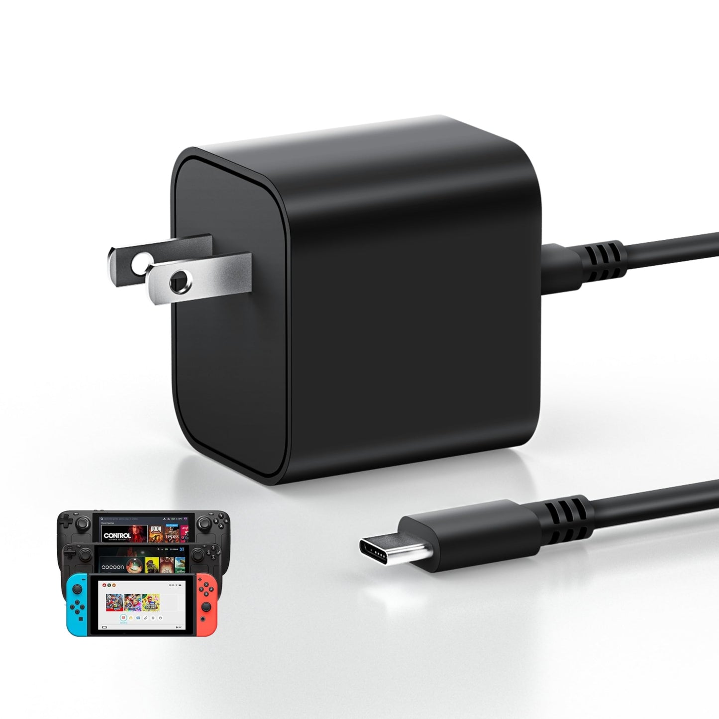60W USB-C Charger for Steam Deck/Steam Deck OLED, Switch 2/Switch OLED/Switch Lite, with 4.9FT(1.5M) Cable, Supports 4K TV Mode, PD 3.0 Fast Charger