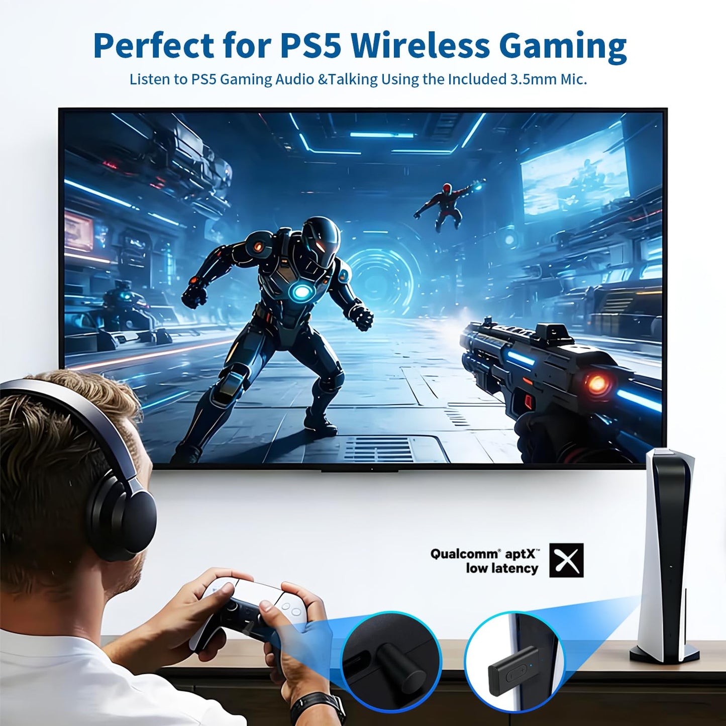 Bluetooth 5.3 Transmitter, APTX Adaptive APTX Low Latency Dual Device Connection,for PS5,PS4, Switch, PC, TV,Bluetooth Headphones (Plug Play)