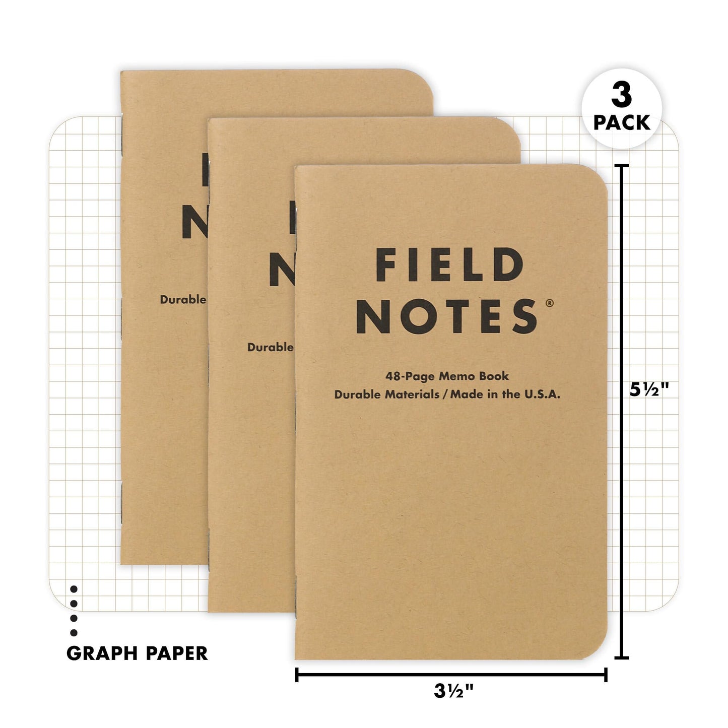 Field Notes: Original Kraft 3-Pack - Mixed Paper (1 Graph/Grid, 1 Ruled/Lined, 1 Plain/Blank) Memo Books - 48 Page Pocket Notebooks - 3.5" x 5.5"