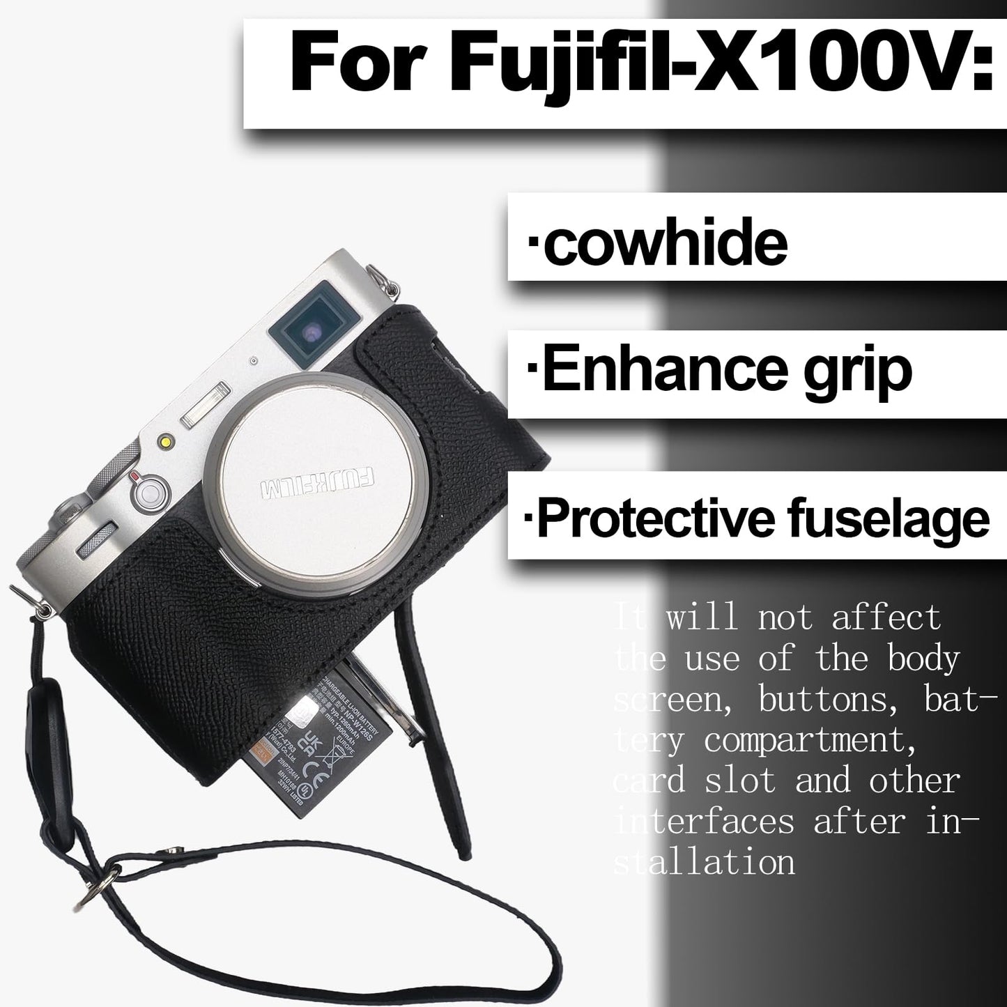 Bowan X100V Camera Case, Handmade Genuine Real Leather Half Camera Case Bag Cover for Fujifilm X100V Camera Bottom Opening Version + Hand Strap