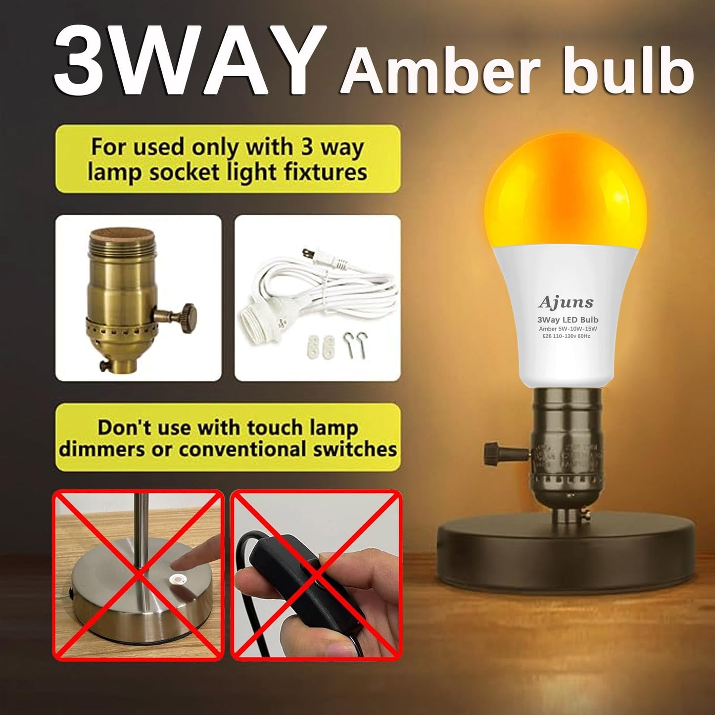 Ajuns 3Way Light Bulb Amber 40/100/150W Equivalent 1800k Light Bulbs
