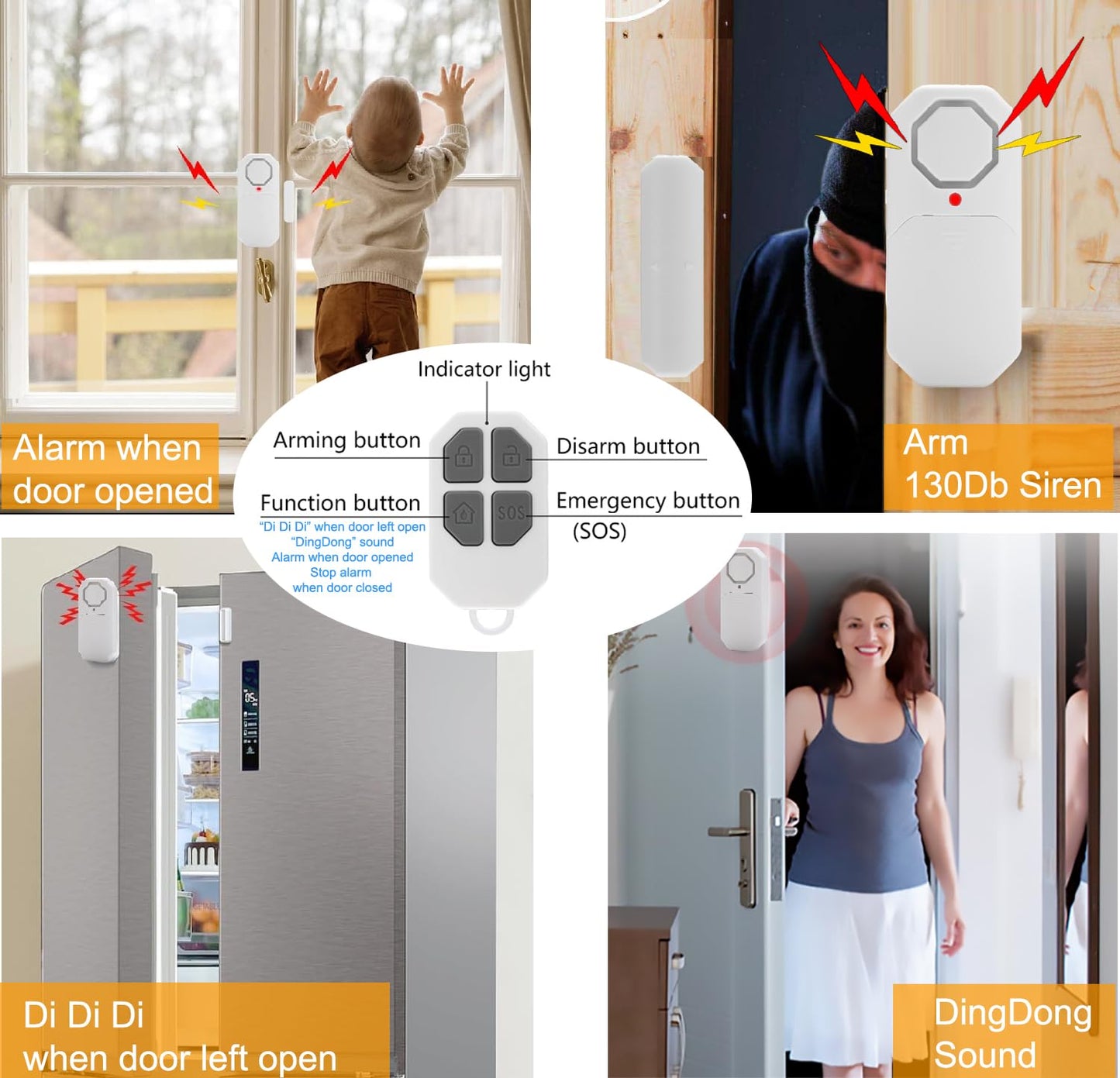 EverNary Door Window Alarm When Opened for Home Security with Remote, Wireless Door Sensor Alarm for Kids Safety with Adjustable Volume (4 Door Sensor
