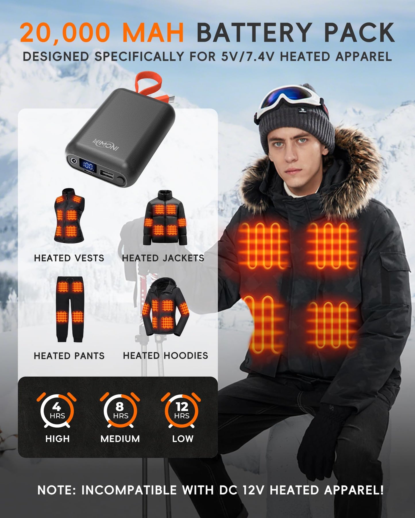 HIMONI ??.????/???? ???? ???? ???????????????? Heated Vest Battery Pack for ORORO, Venustas, Tidewe, Power Bank with LED Display for Heated Vest Jacket Pants Gear