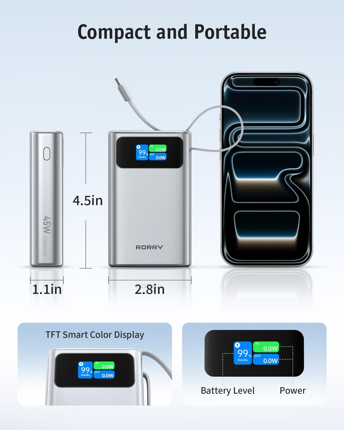 RORRY 45W Portable Charger, 20000mAh Power Bank Fast Charging with Extended Built-in USB C Cable, Travel Battery Pack for iPhone 17/16/15, Samsung