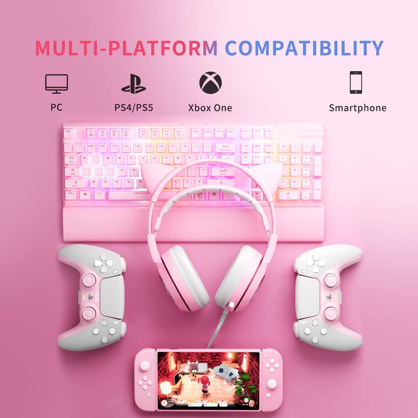 SOMIC G951s Pink Stereo Gaming Headset with Mic for PS4,Xbox,PC,Mobile Phone,3.5mm Noise Reduction Cat Ear Headphones Lightweight Over Ear Headphones