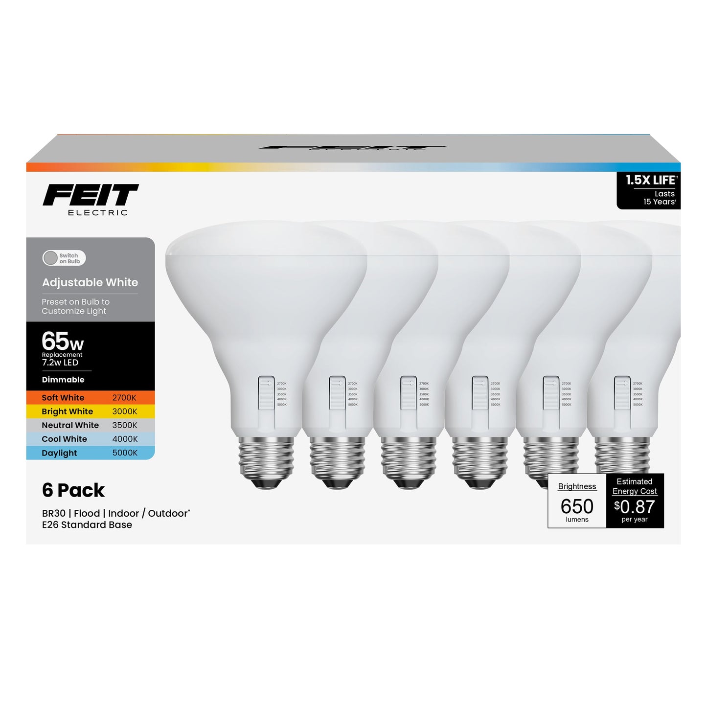 Feit Electric BR30 LED Light Bulbs, 65W Eq, Dimmable, 5CCT, 6 Pack