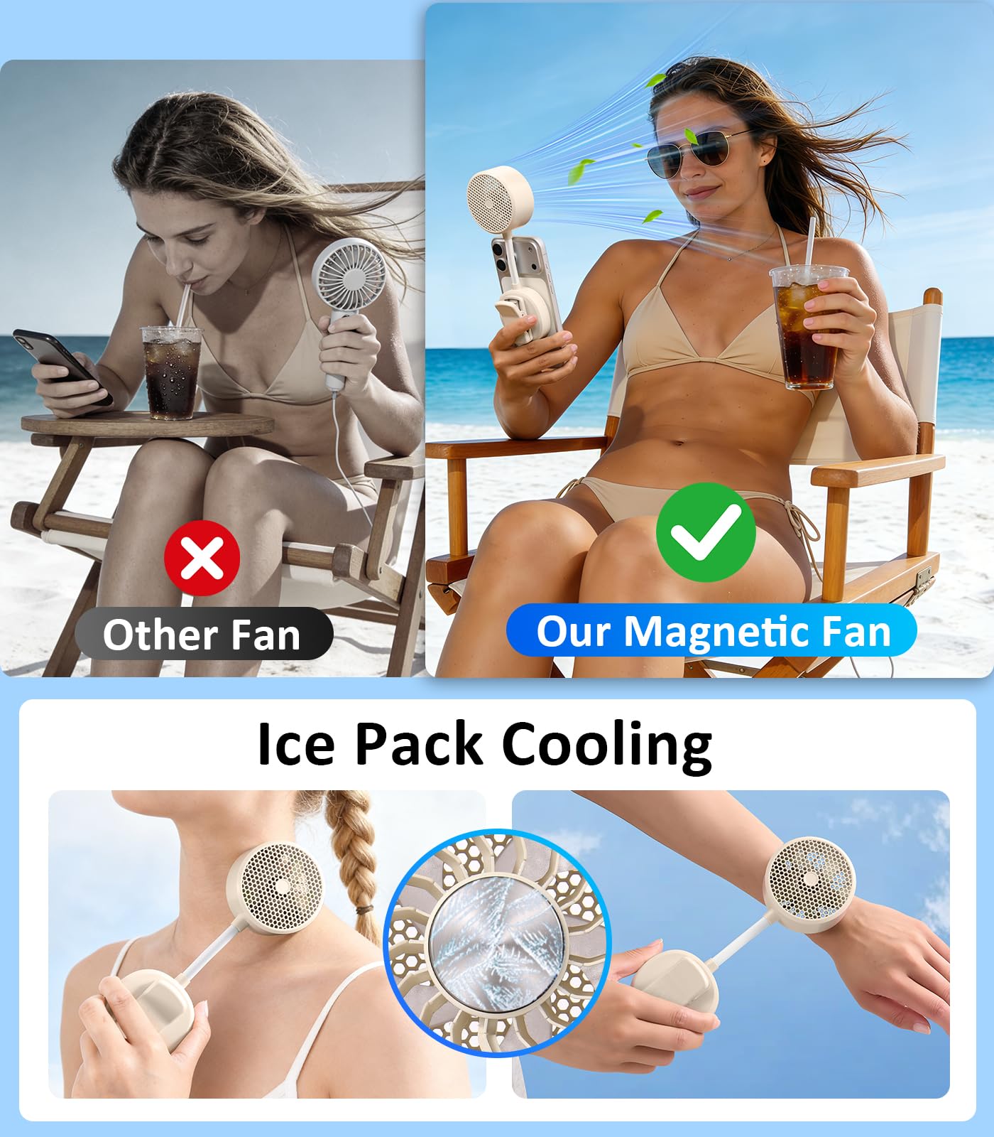 Blissfuhue Magnetic Phone Fan with Ice Cooling, 3-in-1 Clip on Fan